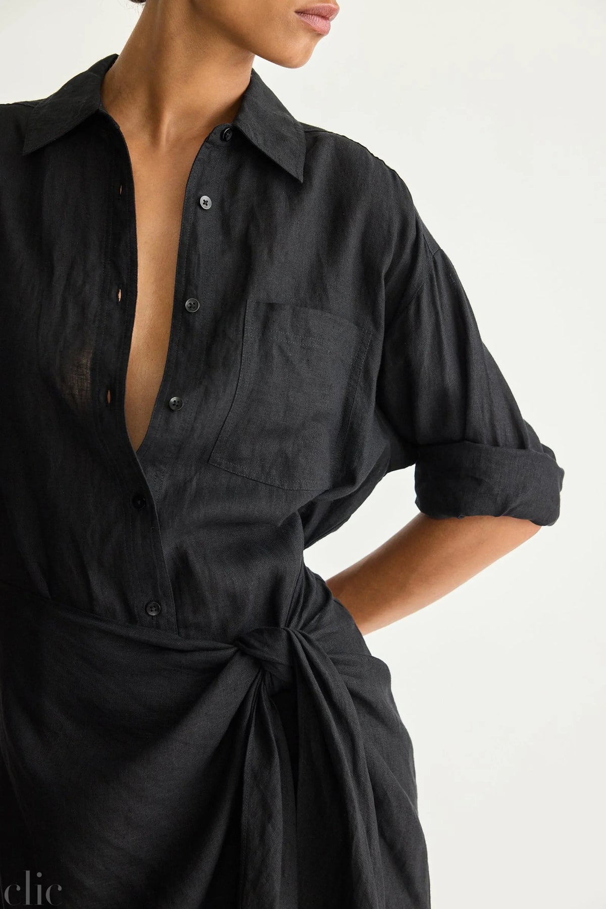 Alessandra Sarong Linen Shirt Dress in Black, from Apiece Apart