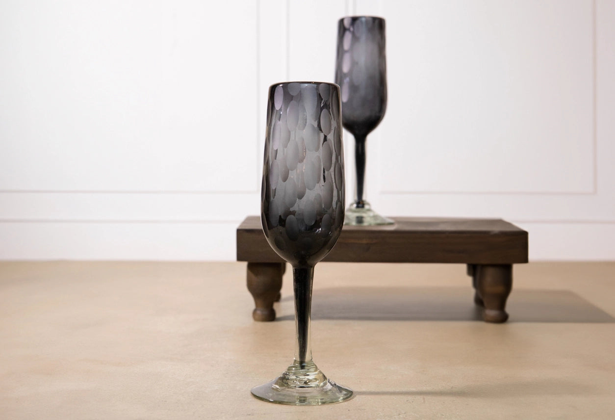 Handblown Etched Champagne Glass in Smoke, from Verve Culture