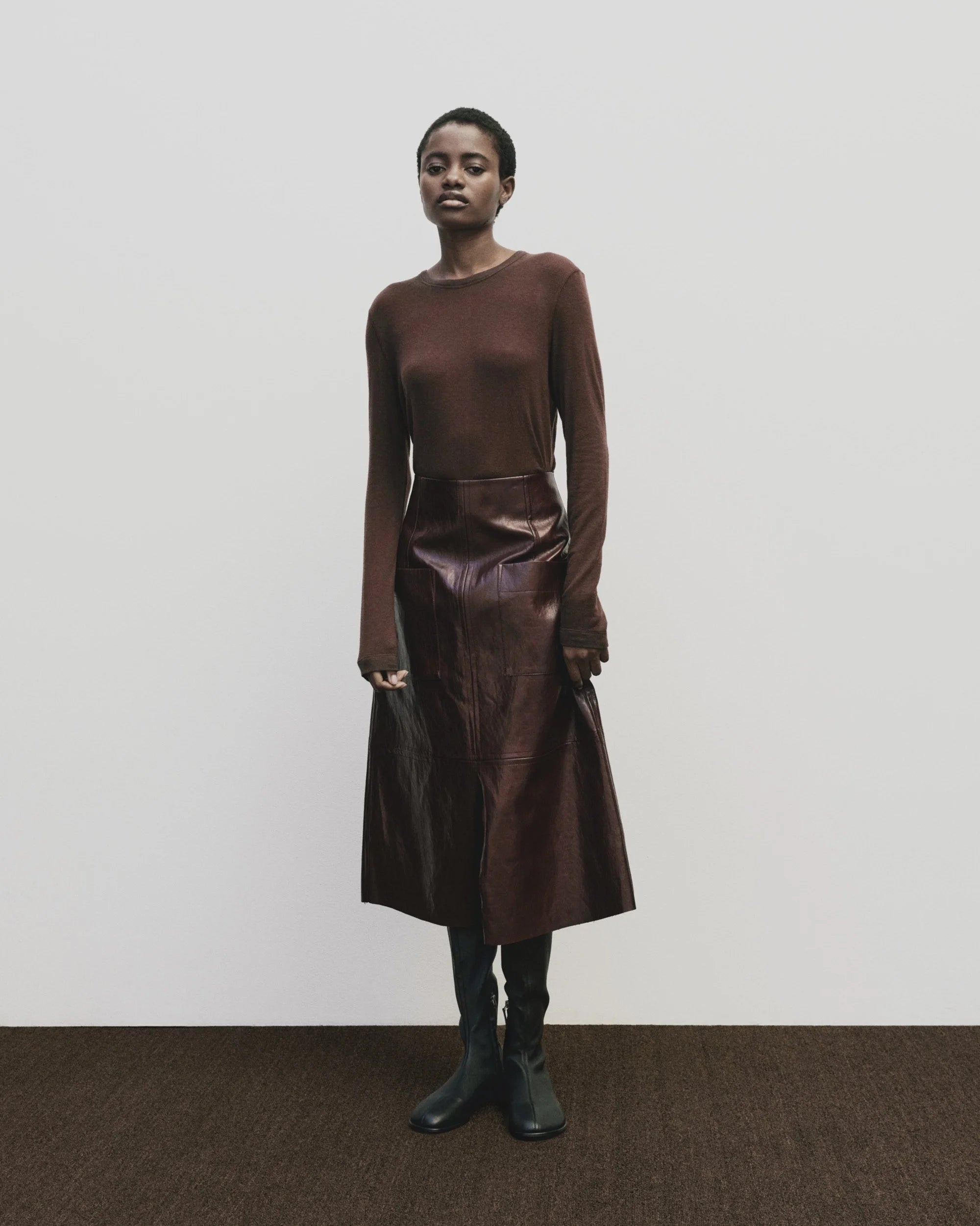 Faux Leather Skirt in Burgundy, from Mijeong Park