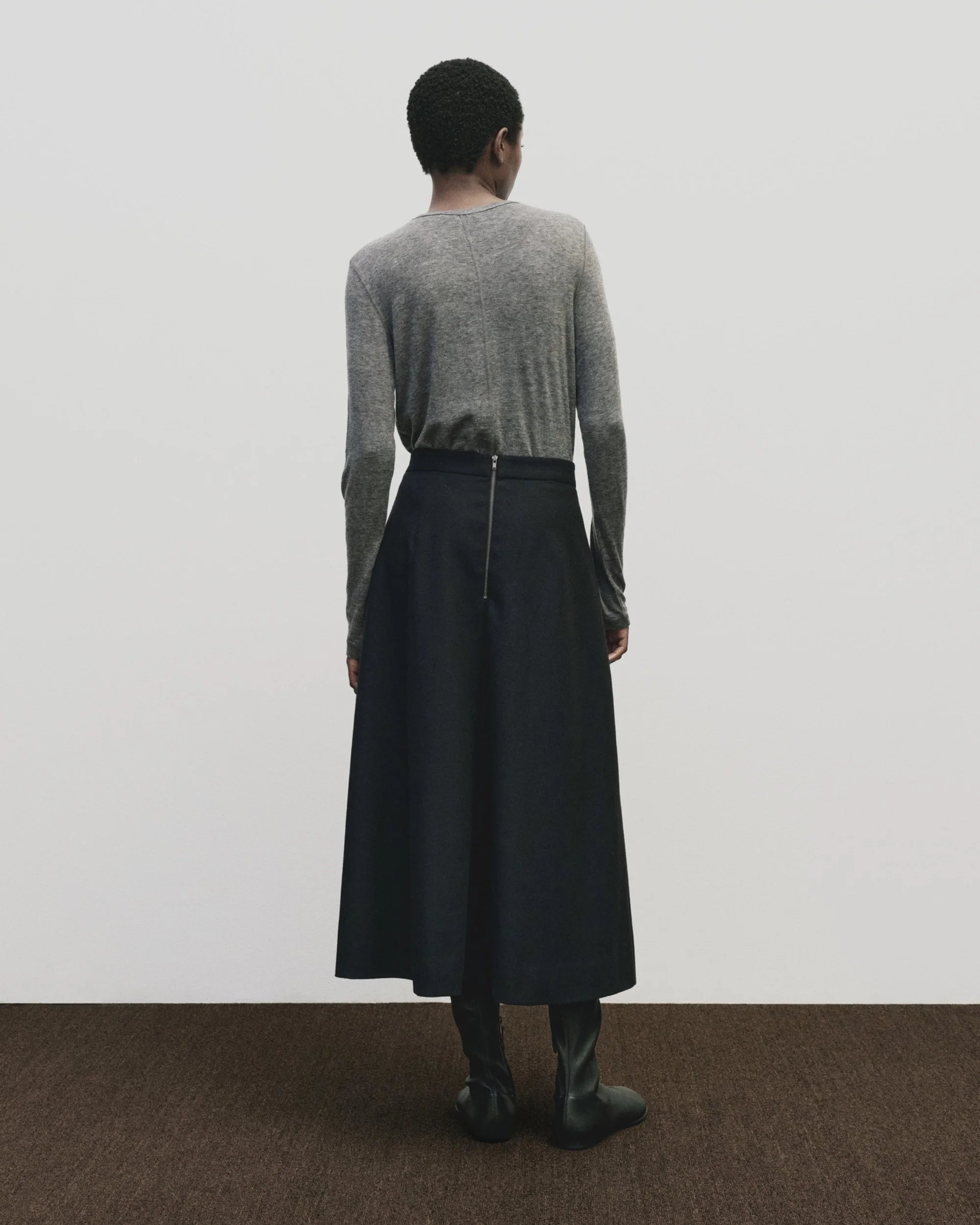 Wool Blend Pleated Midi Skirt in Navy, from Mijeong Park