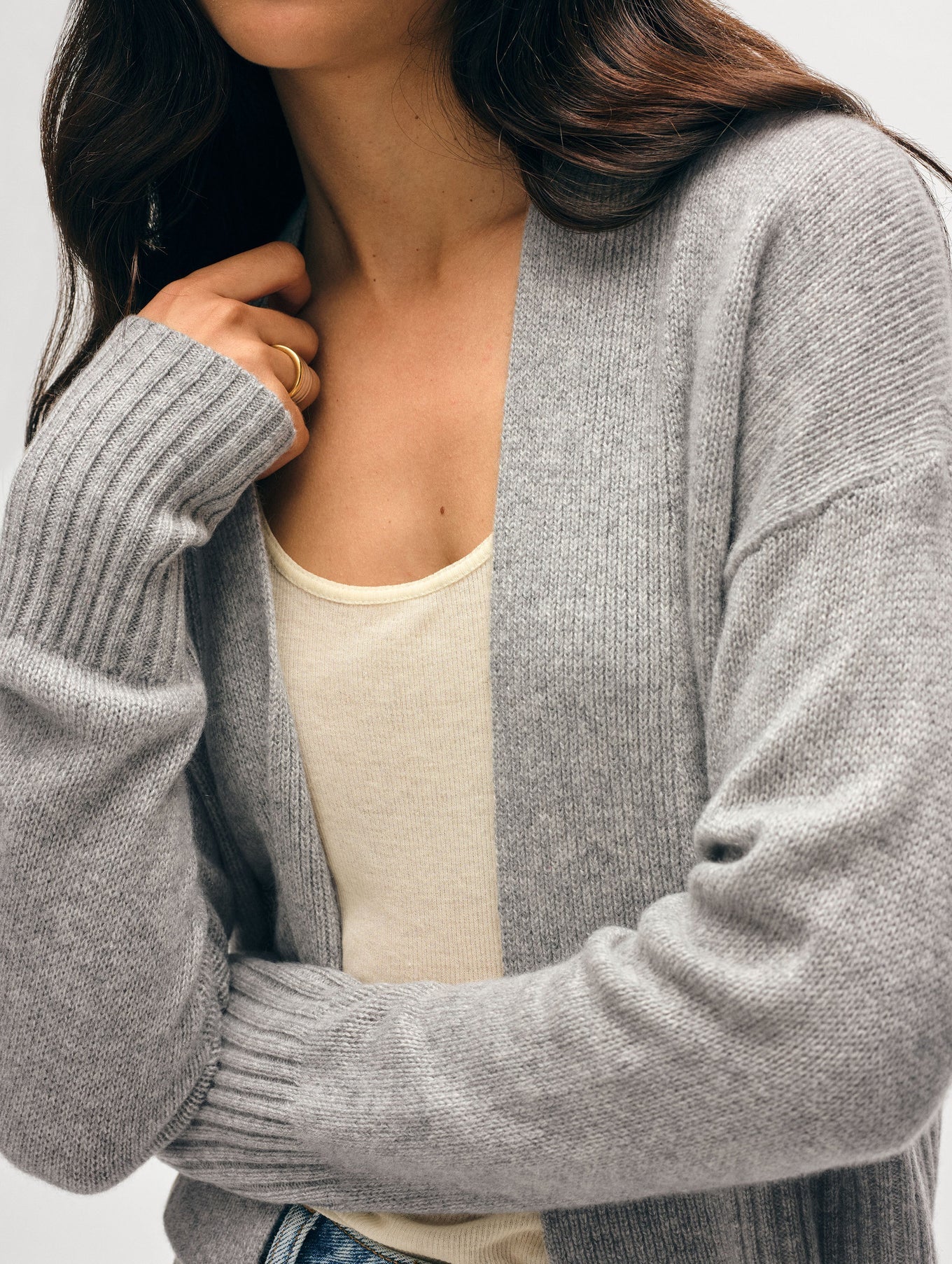 Cashmere Open-Front Cardigan in Grey Heather, from White and Warren