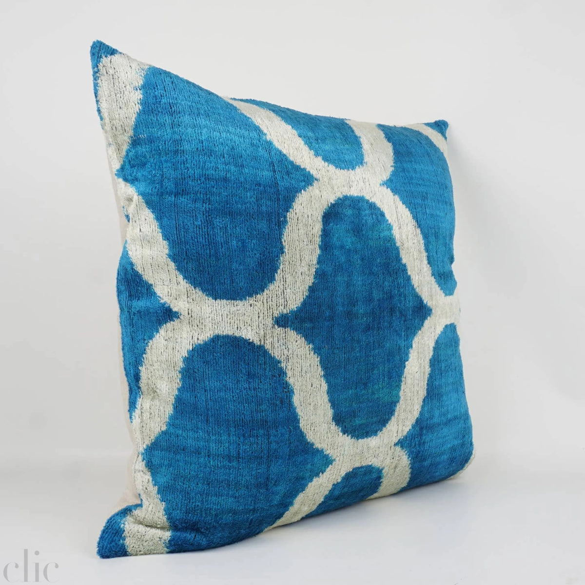 Ikat Silk and Velvet Pillow in Blue and White