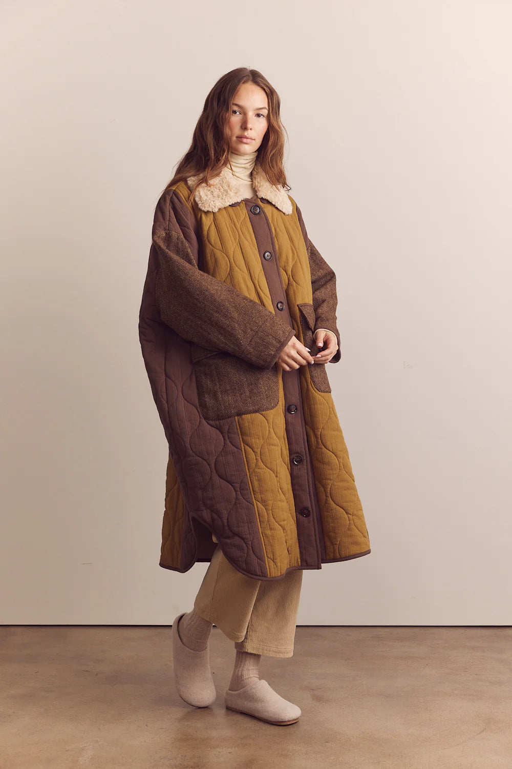Patch quilted Wool Blend Detachable Fur Collar Coat
