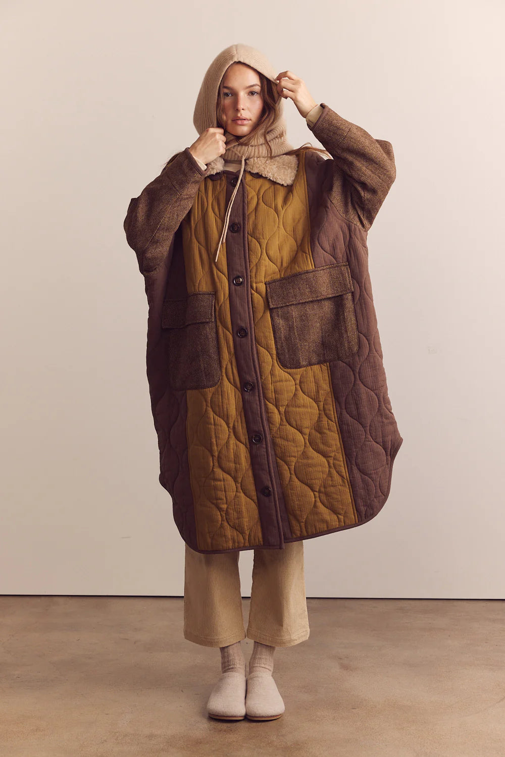 Patch quilted Wool Blend Detachable Fur Collar Coat