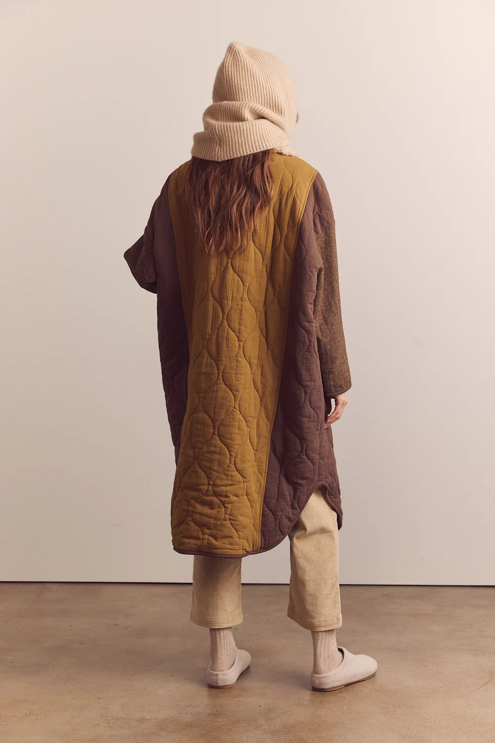 Patch quilted Wool Blend Detachable Fur Collar Coat