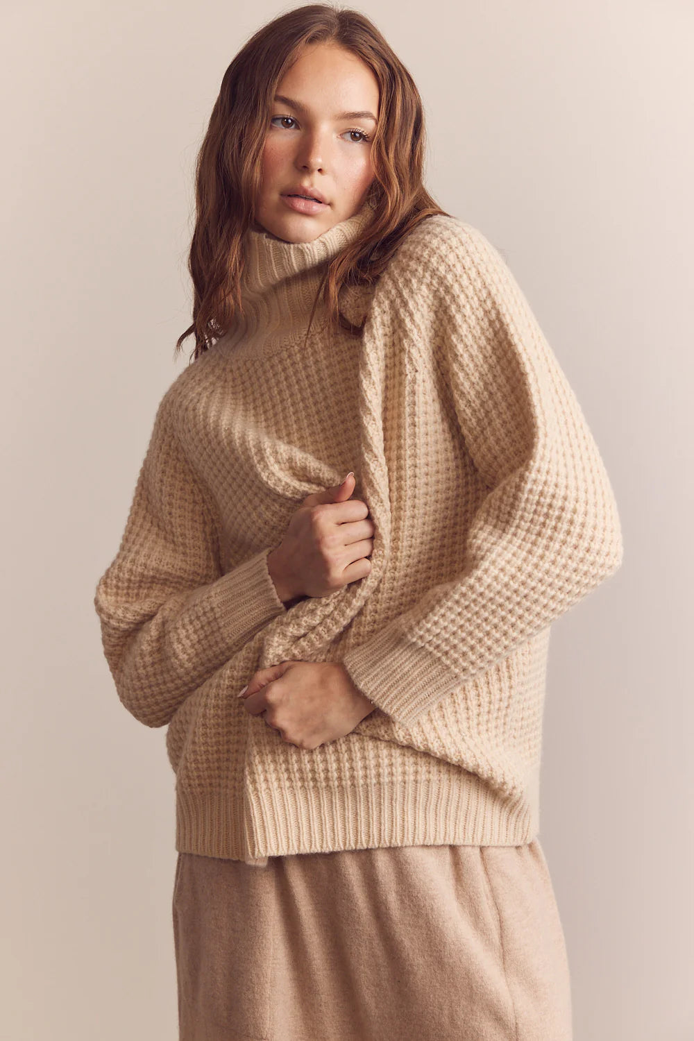Wool Turtleneck Waffle Sweater in Cream, from Amente