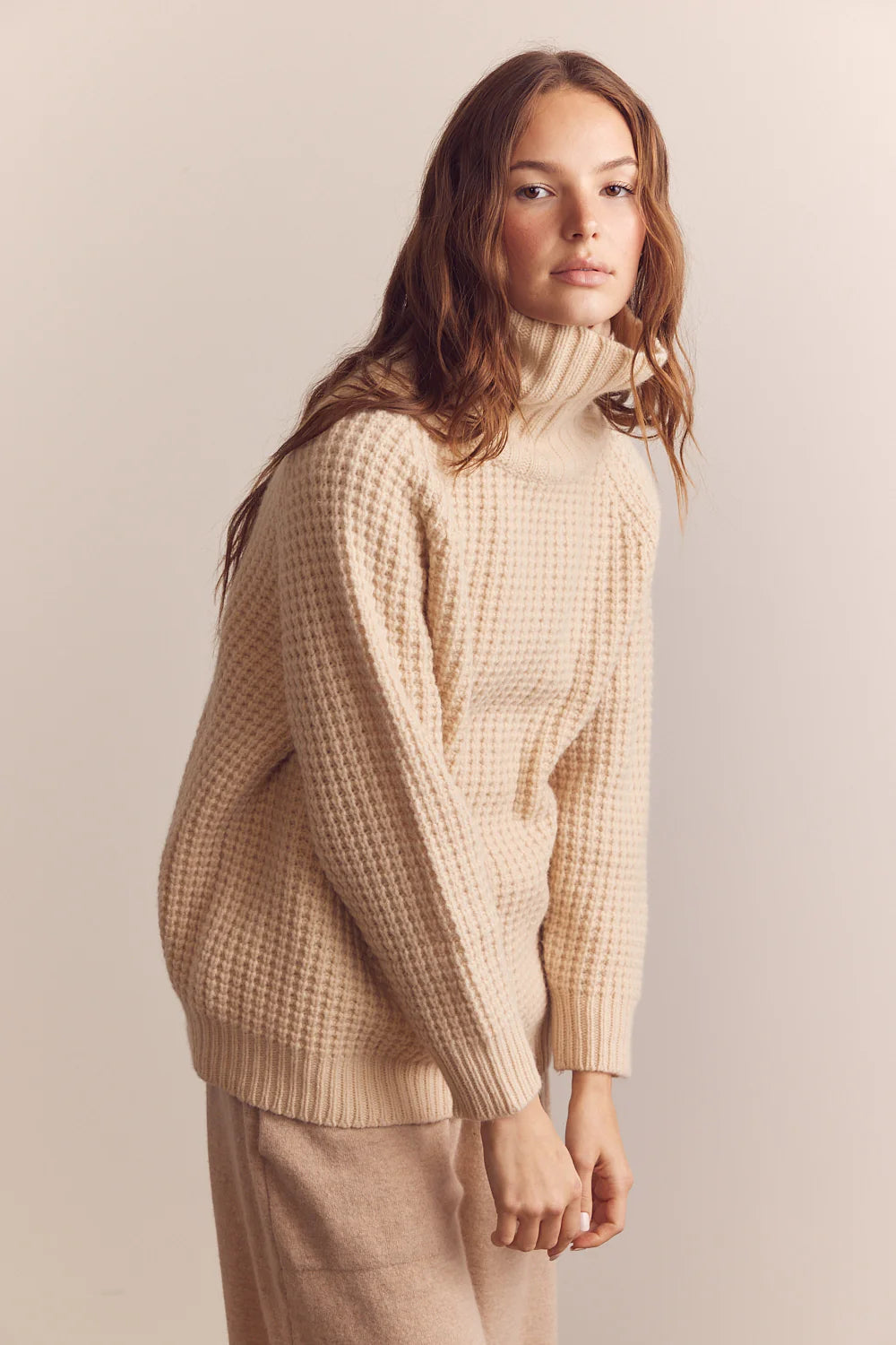 Wool Turtleneck Waffle Sweater in Cream, from Amente