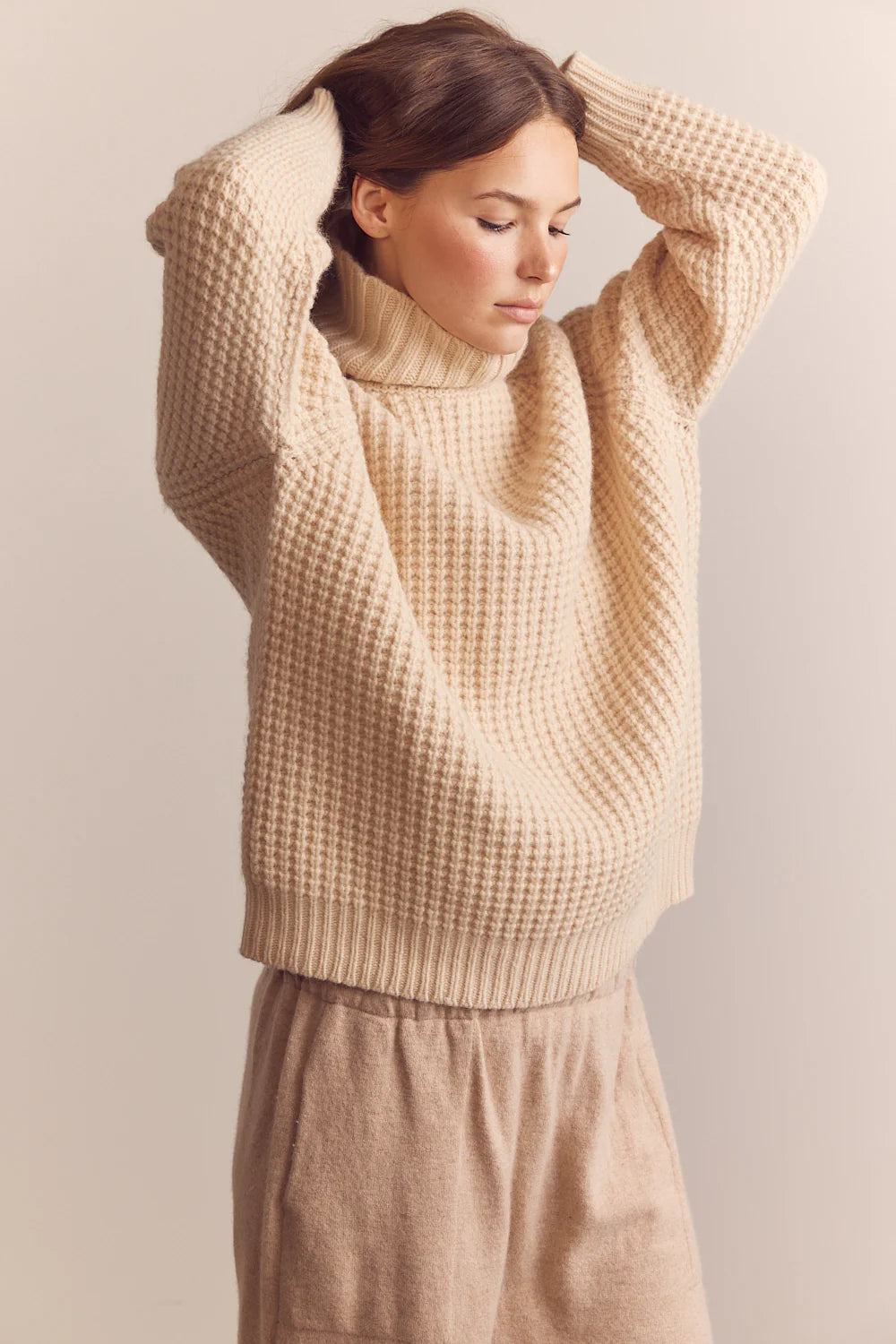 Wool Turtleneck Waffle Sweater in Cream, from Amente