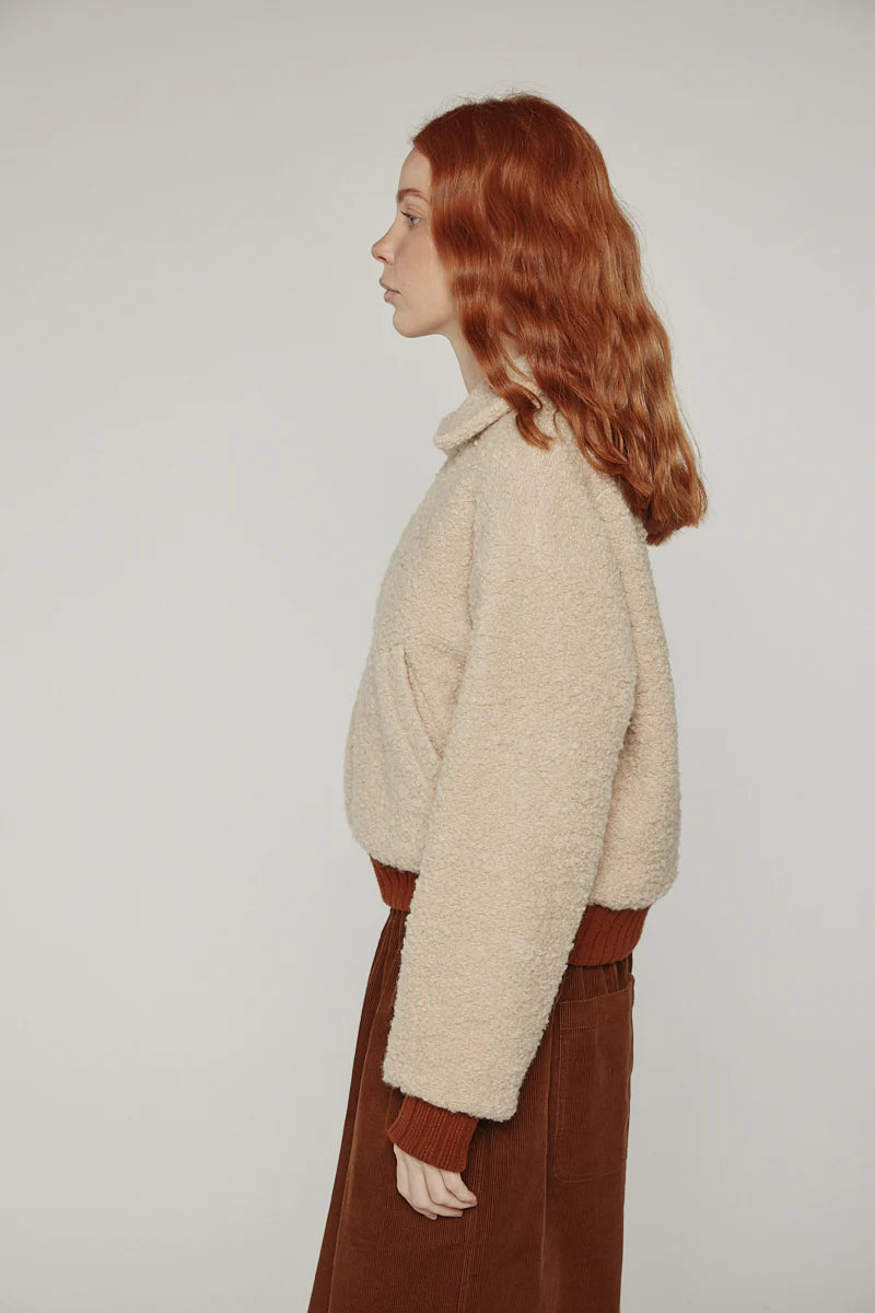Wool Blend Ribbed Short Bomber Jacket in Oatmeal, from Amente