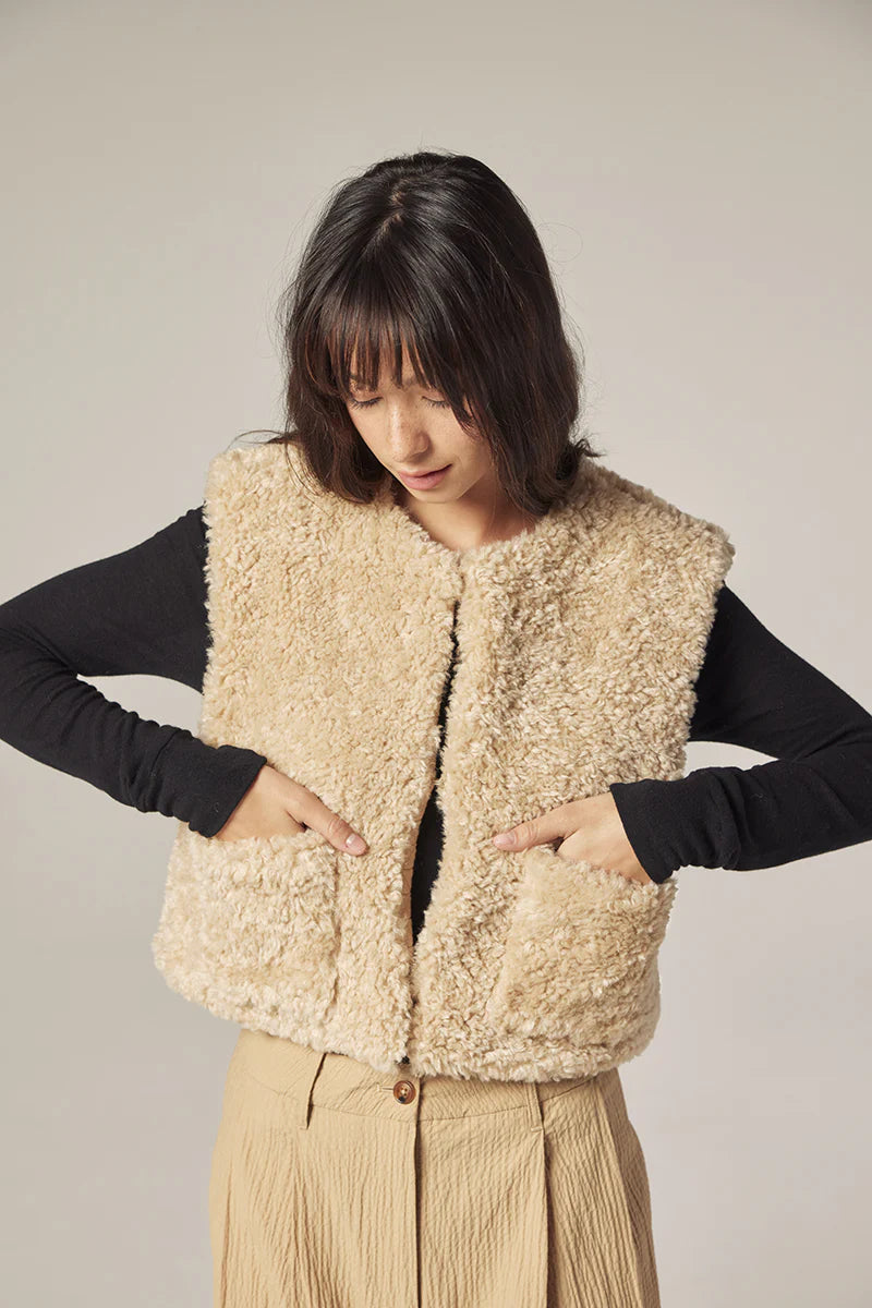 Reversible Fur Short Vest in Oat and Beige, from Amente