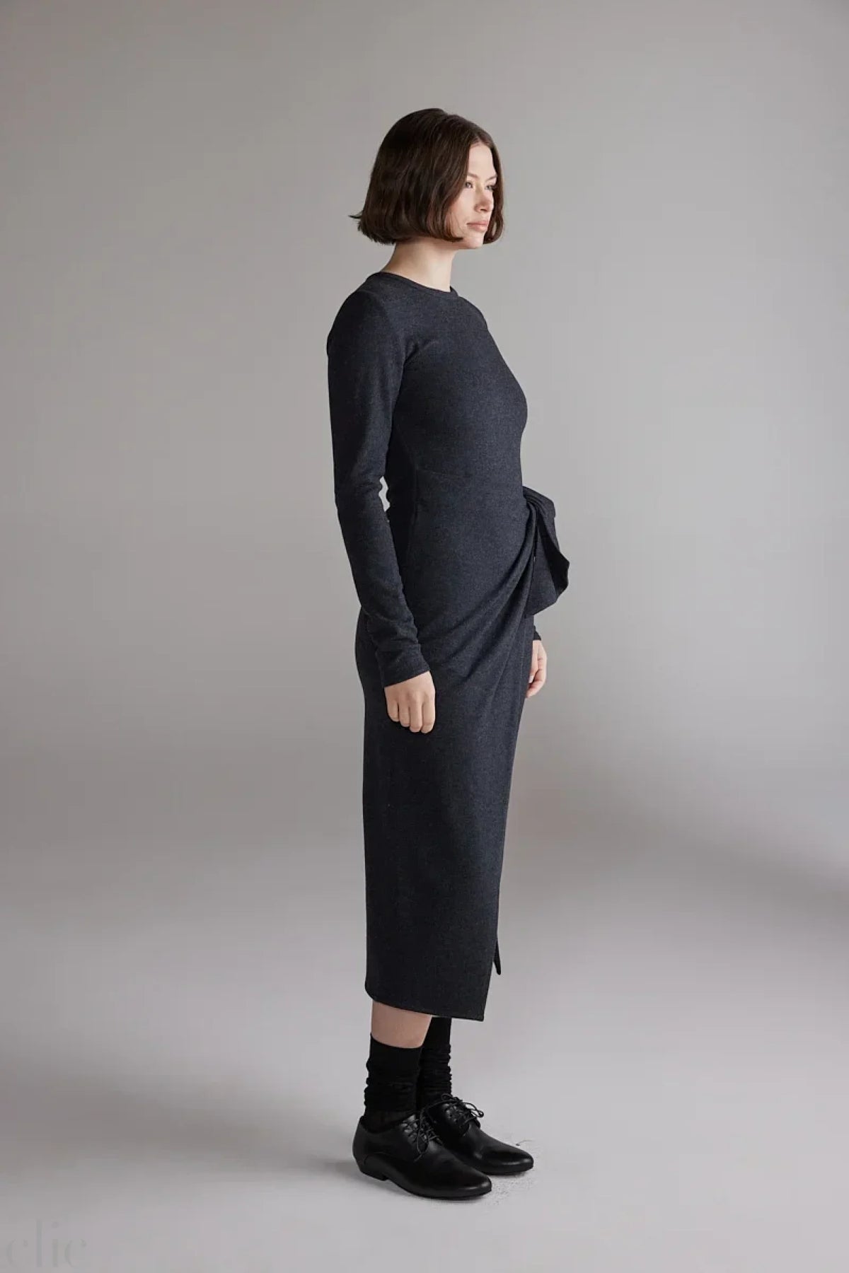 Wool Tie-Waist Dress in Charcoal, from Amente