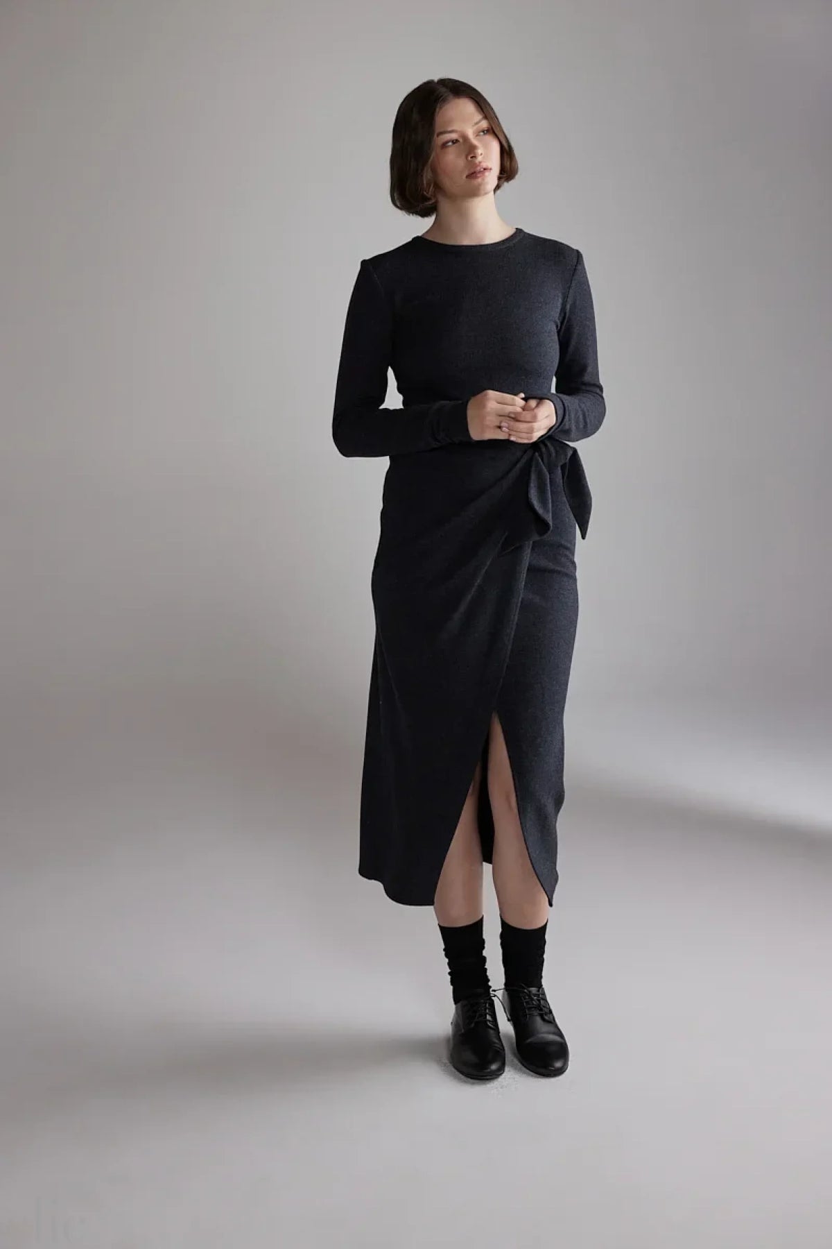 Wool Tie-Waist Dress in Charcoal, from Amente
