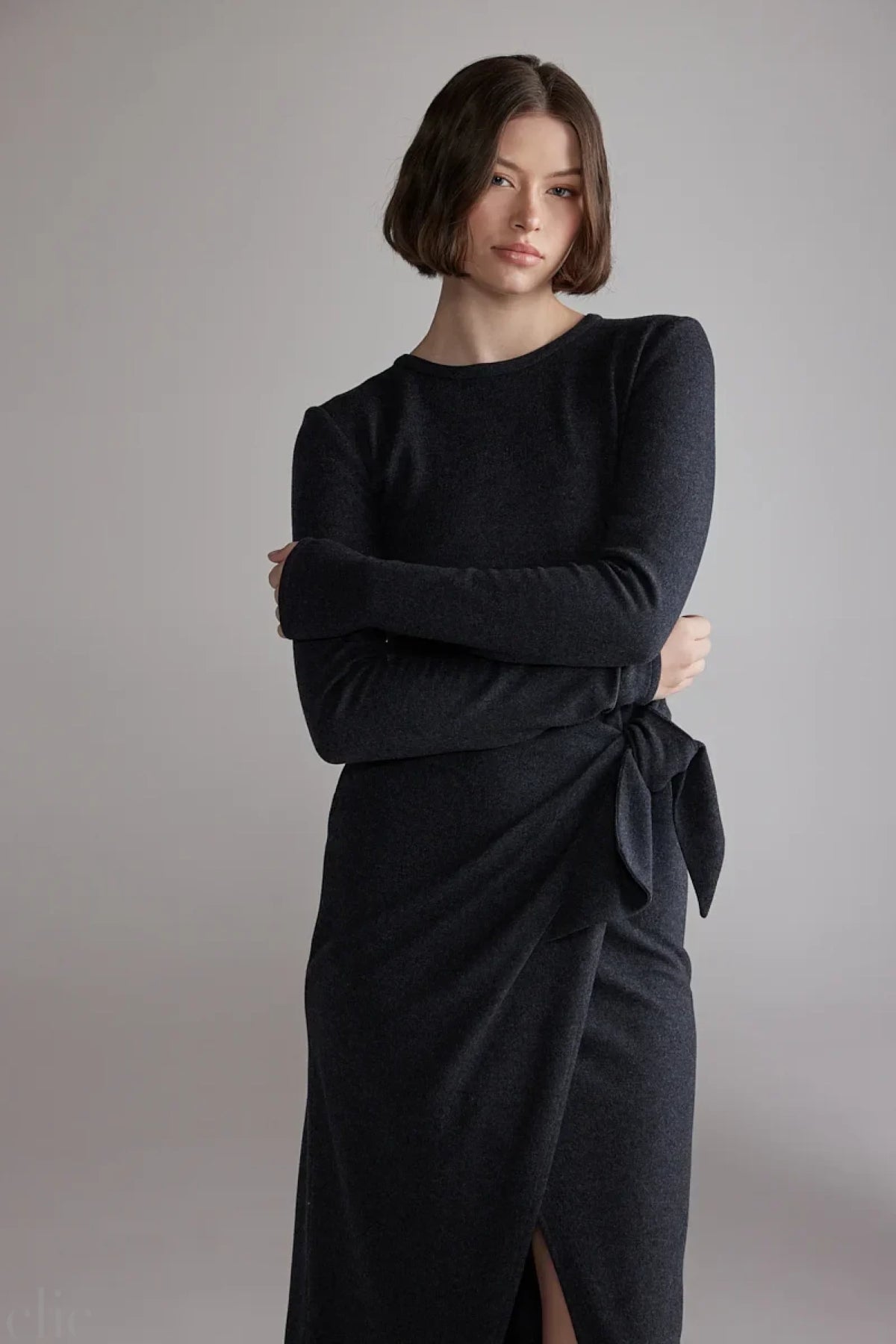 Wool Tie-Waist Dress in Charcoal, from Amente