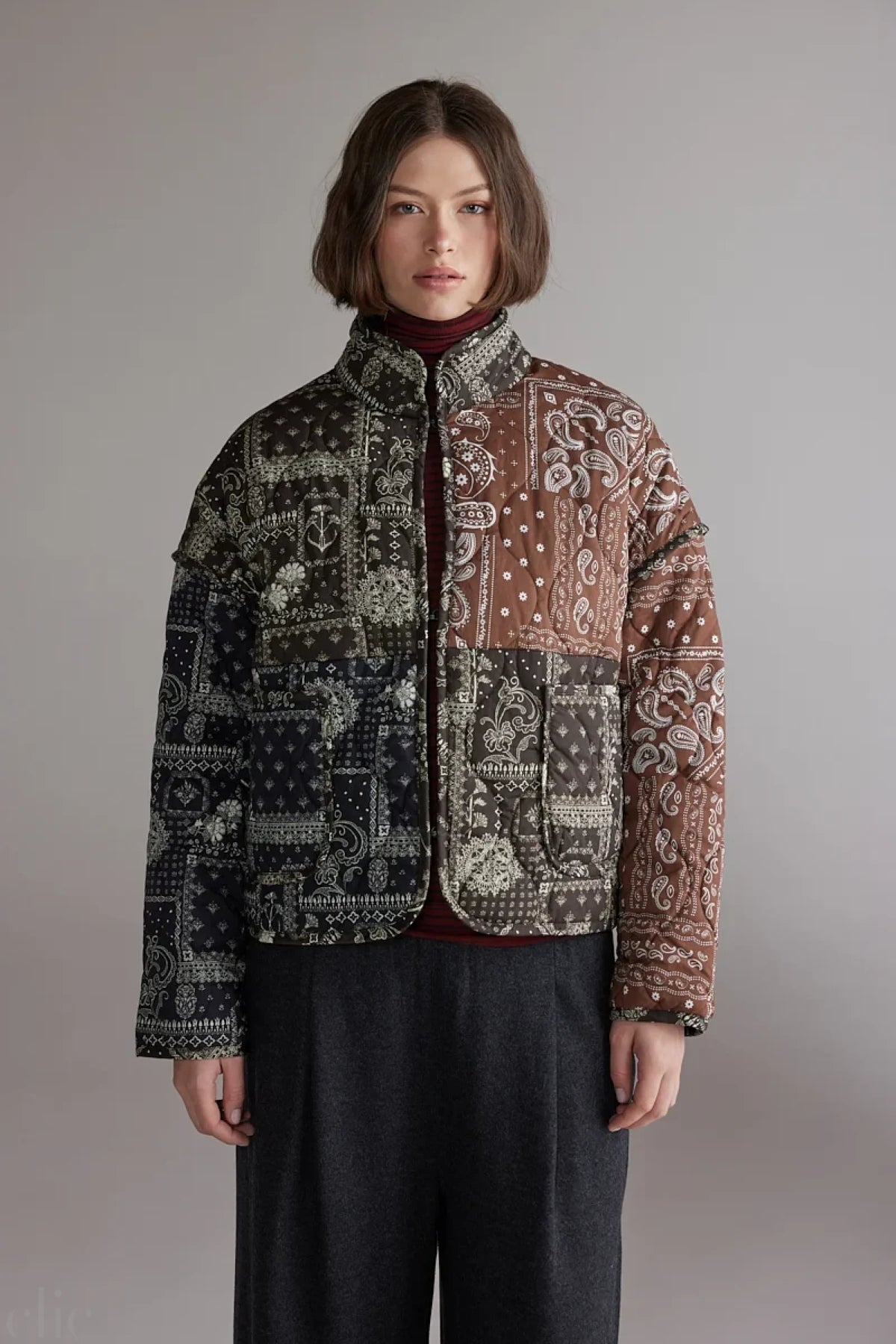 Patched Quilt Jacket in Brown and Black, from Amente
