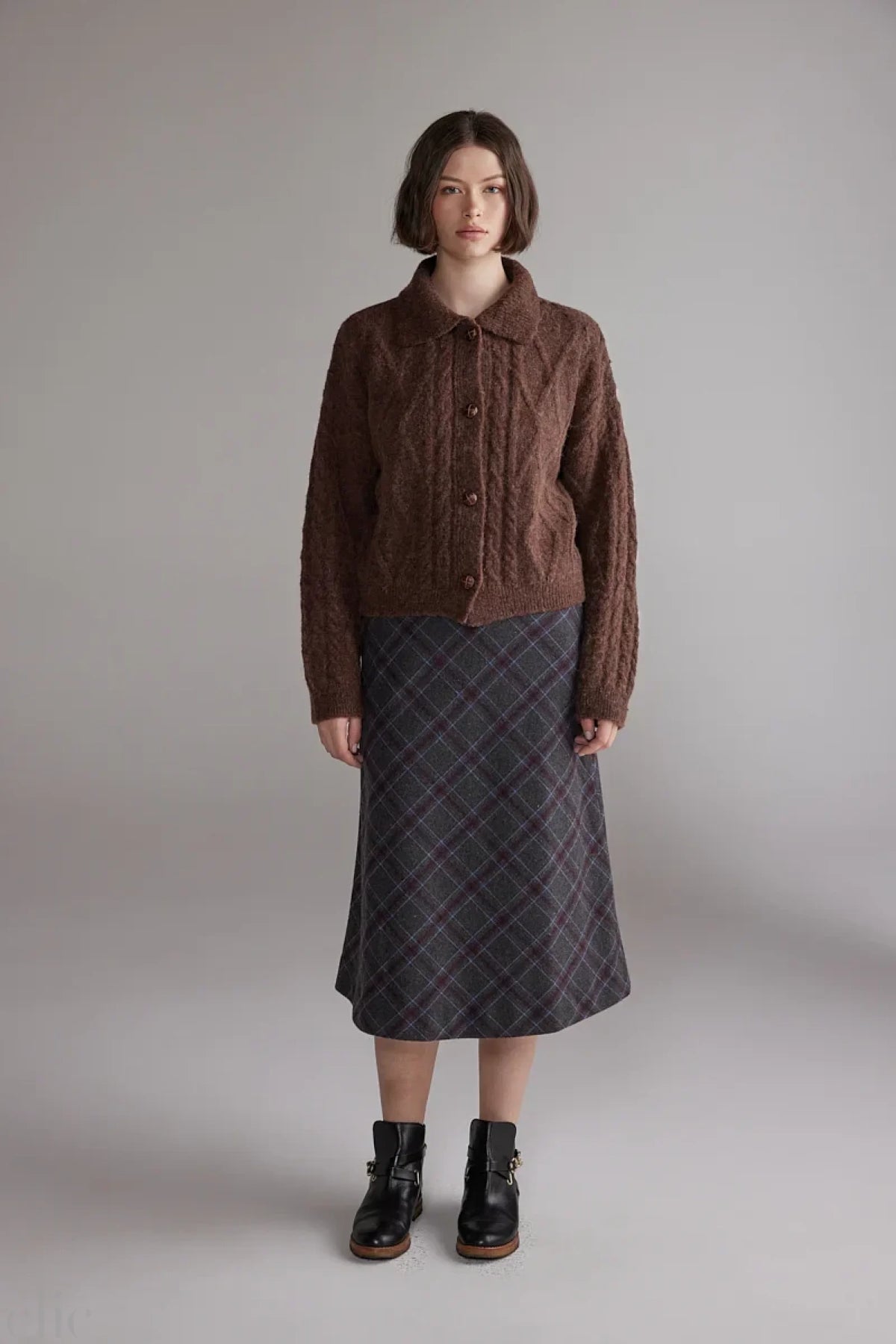 Wool Blend Plaid Skirt in Grey and Brown, from Amente