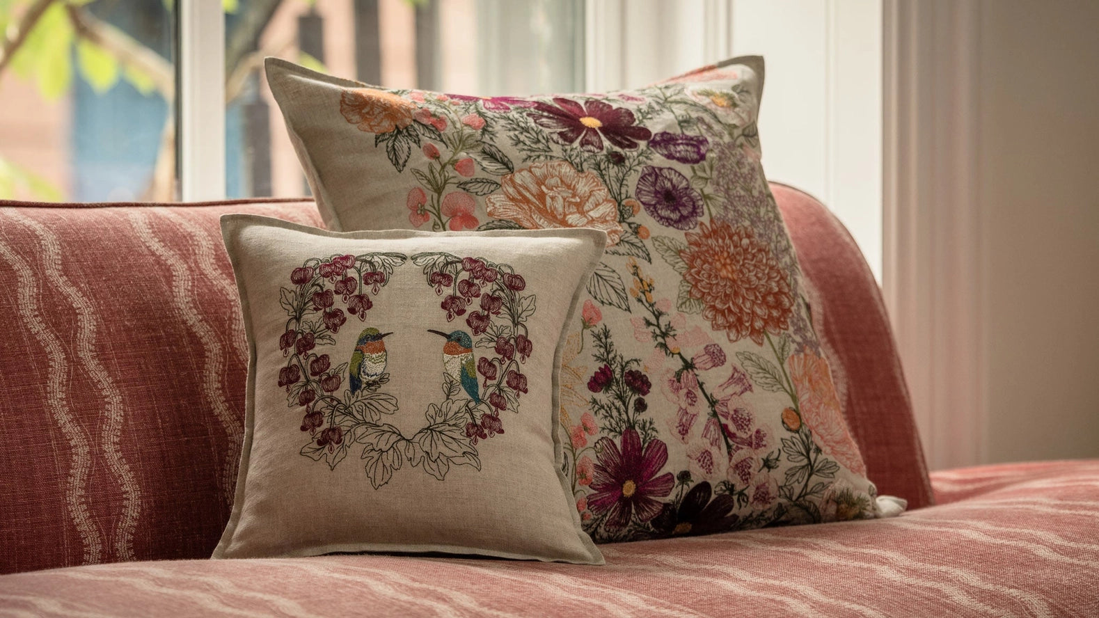 Hummingbird Hearts Pillow, from Coral & Tusk