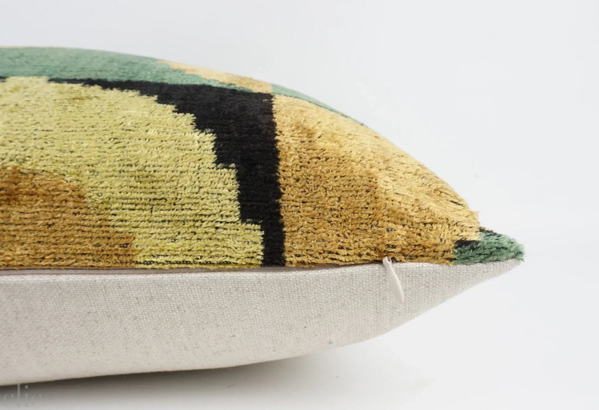 Handmade Ikat Silk Velvet Pillow in Curve Ocre and Black Sage