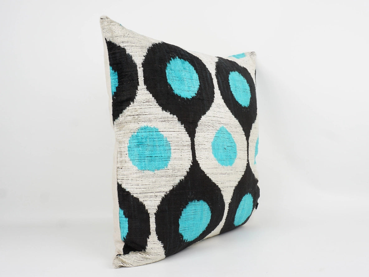Ikat Silk Velvet Pillowcase in Turquoise and Black, from MD Home