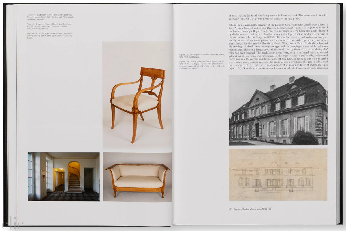 Open book showing interior design images including a chair, sofa, and architectural photo.
