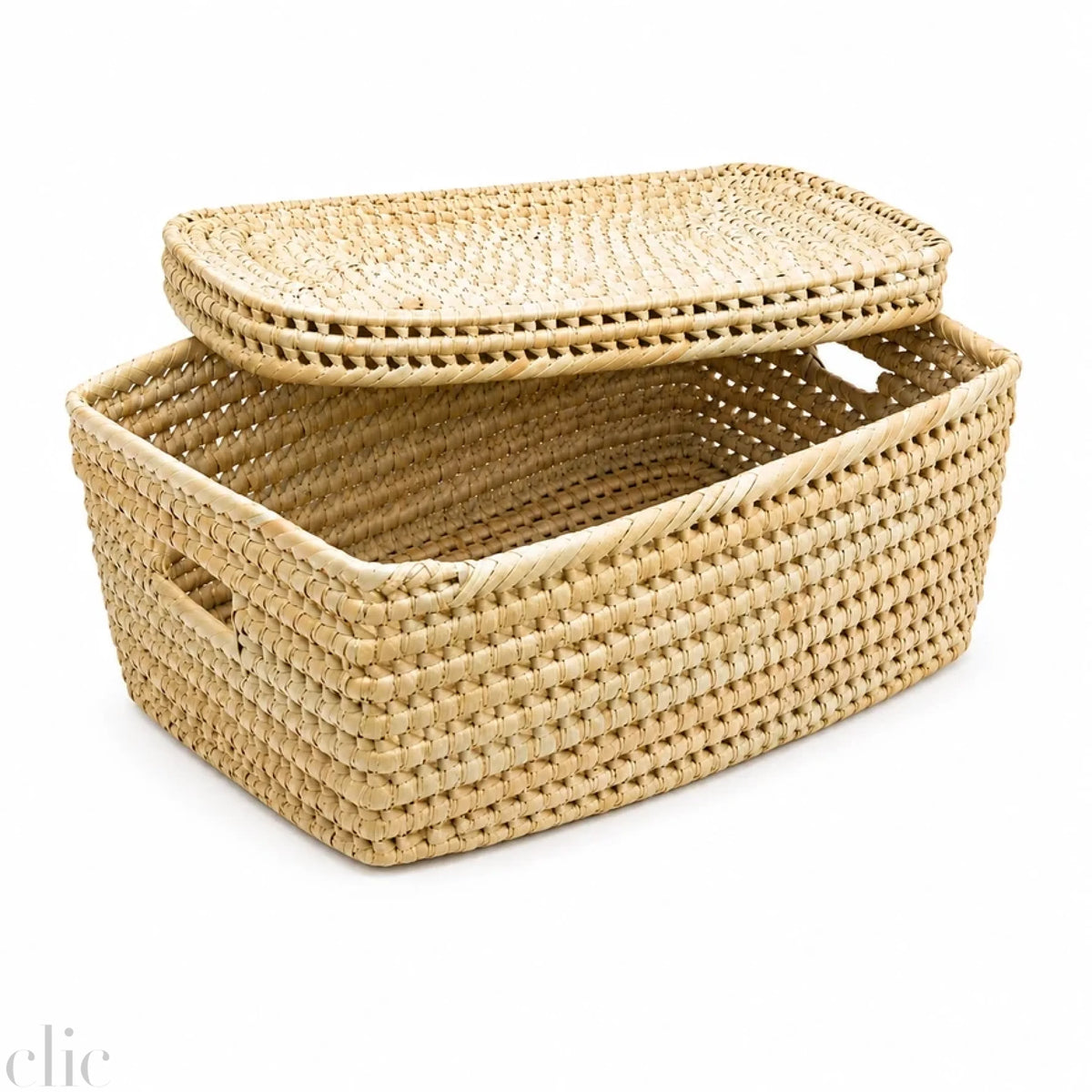 Kenyan Handles and Lidded Rectangular Organizer Basket in Natural