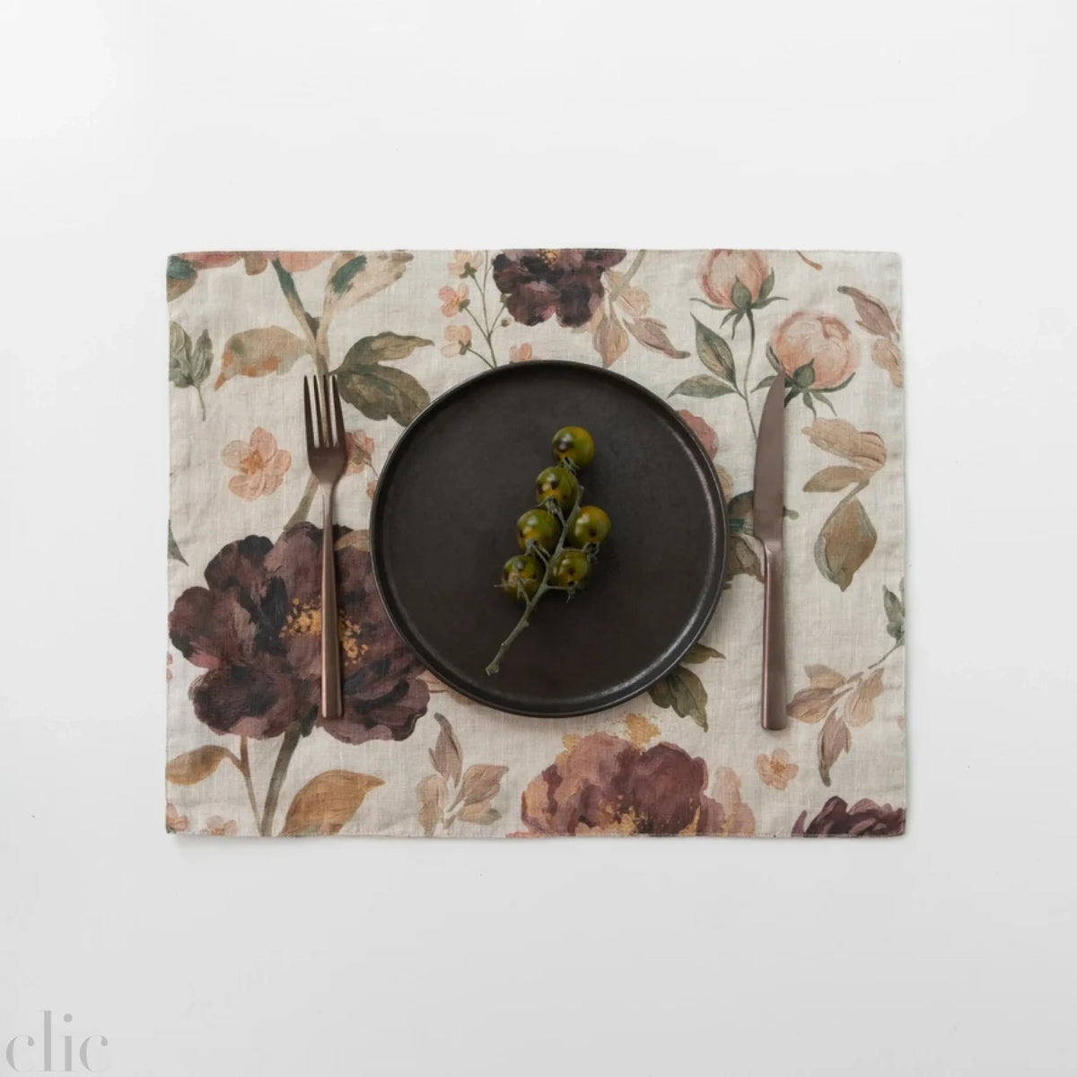 Vintage Roses Placemat in Dark Natural Linen, from Linen Tales