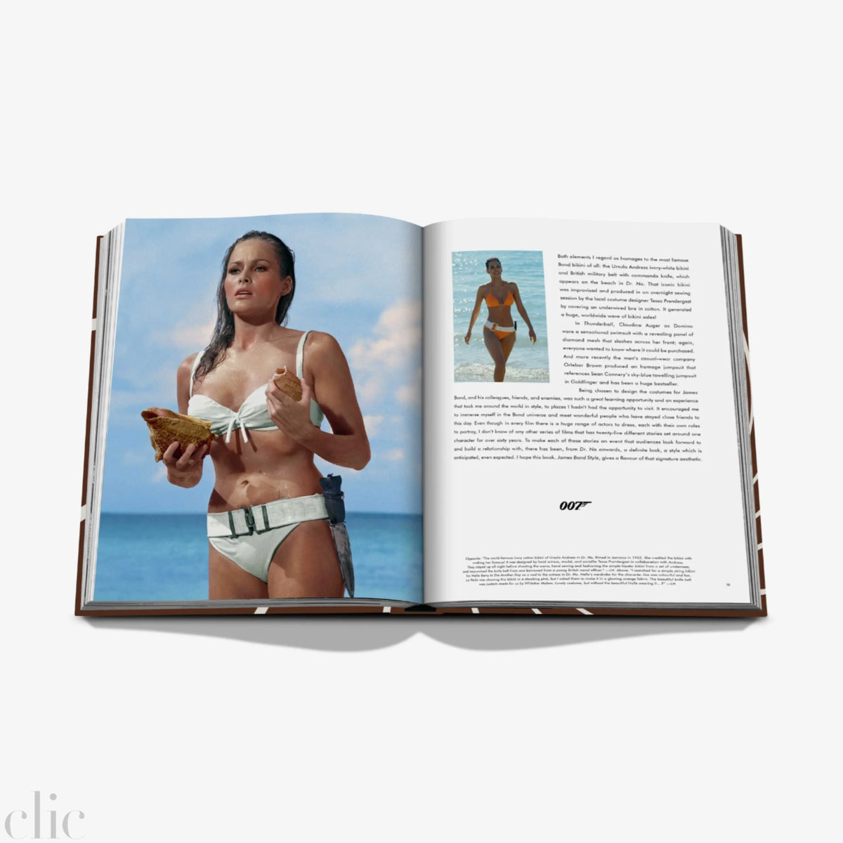 Open book showing a woman in a bikini on a beach with text and a Bond logo.