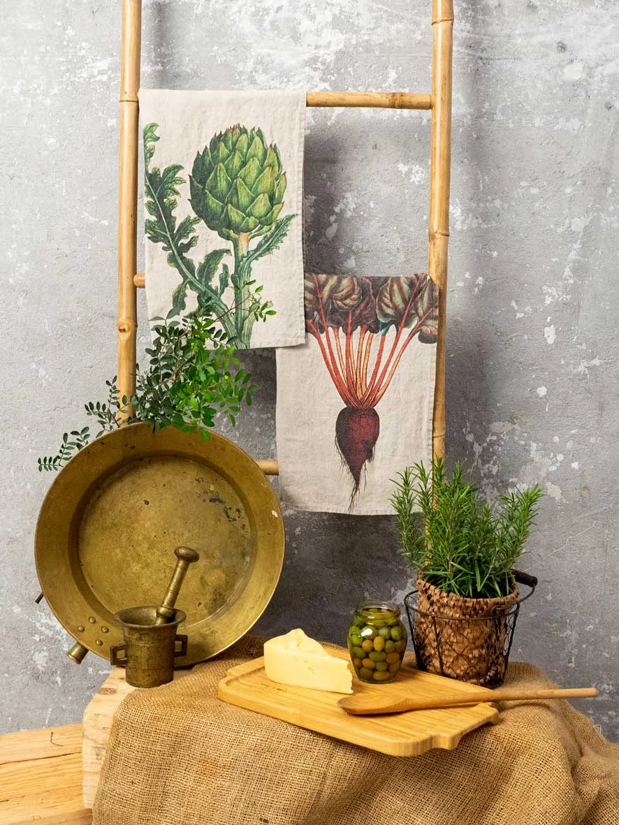 Artichoke and Beetroot Kitchen Towels, from Linoroom