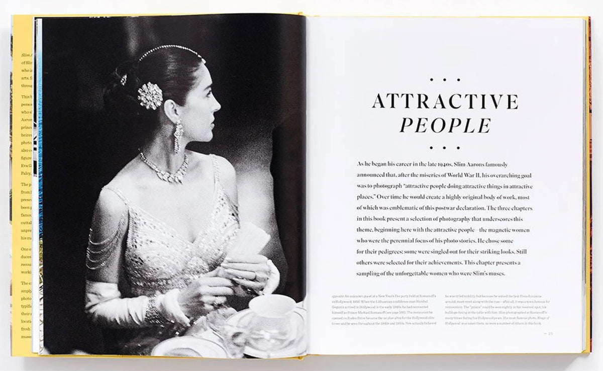 An open book spread, laid flat on a white background. The left page shows a black-and-white portrait photograph of a woman in traditional attire, and the right page has the headline 'ATTRACTIVE PEOPLE' with body text below.