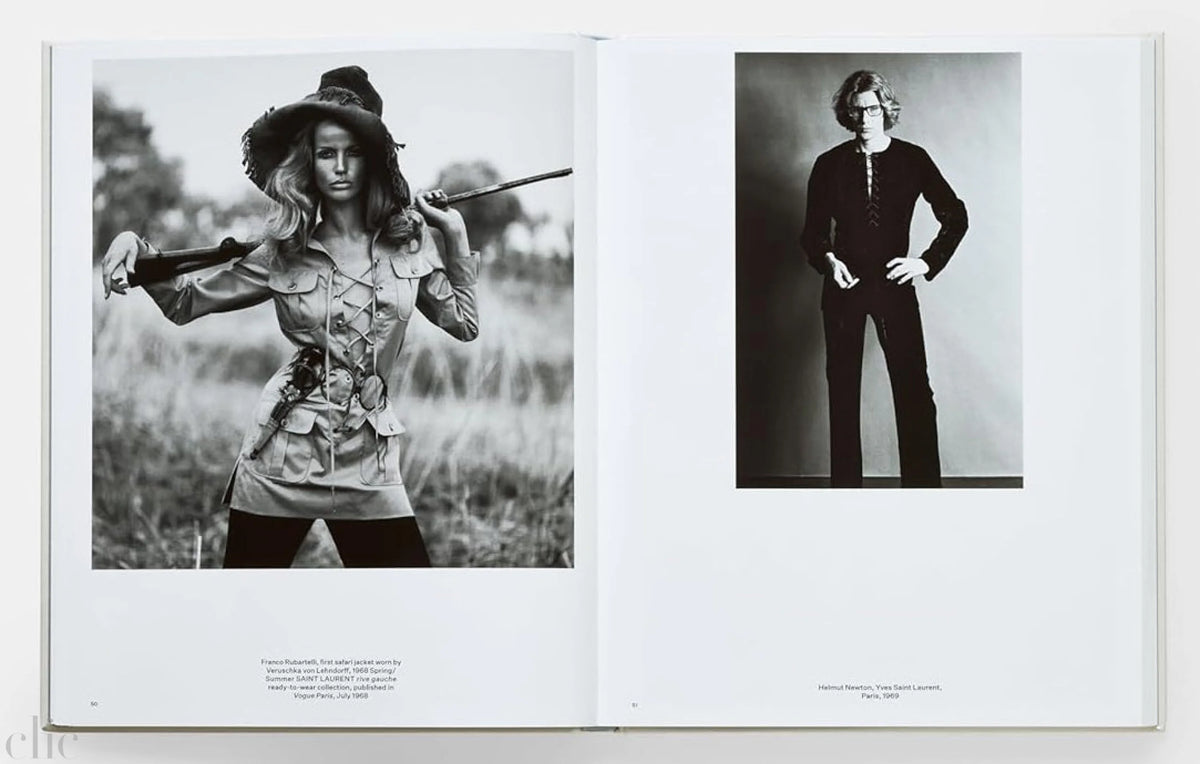 Open book displaying black and white photographs of a person in a field and another person wearing all black.