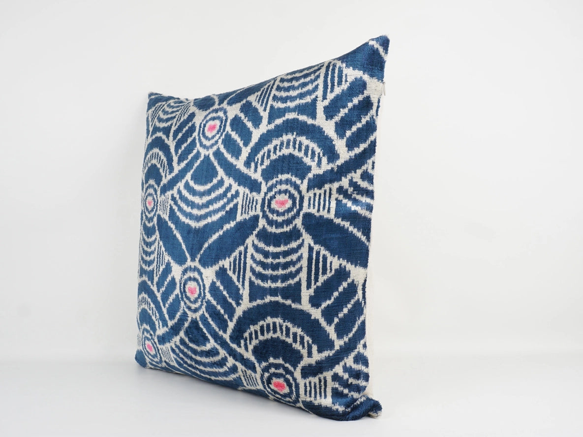 Ikat Silk and Velvet Pillow in Blue Pat, from MD Home