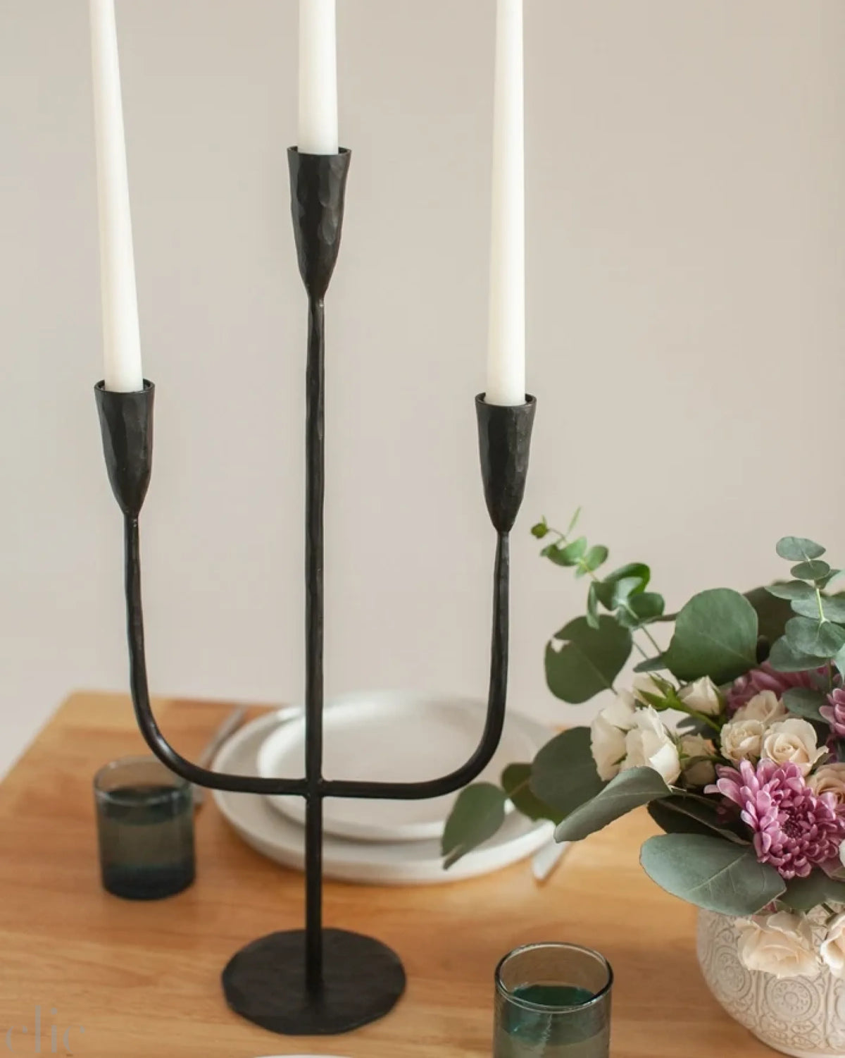 Hand Forged Iron Candelabra Candle Holder in Black