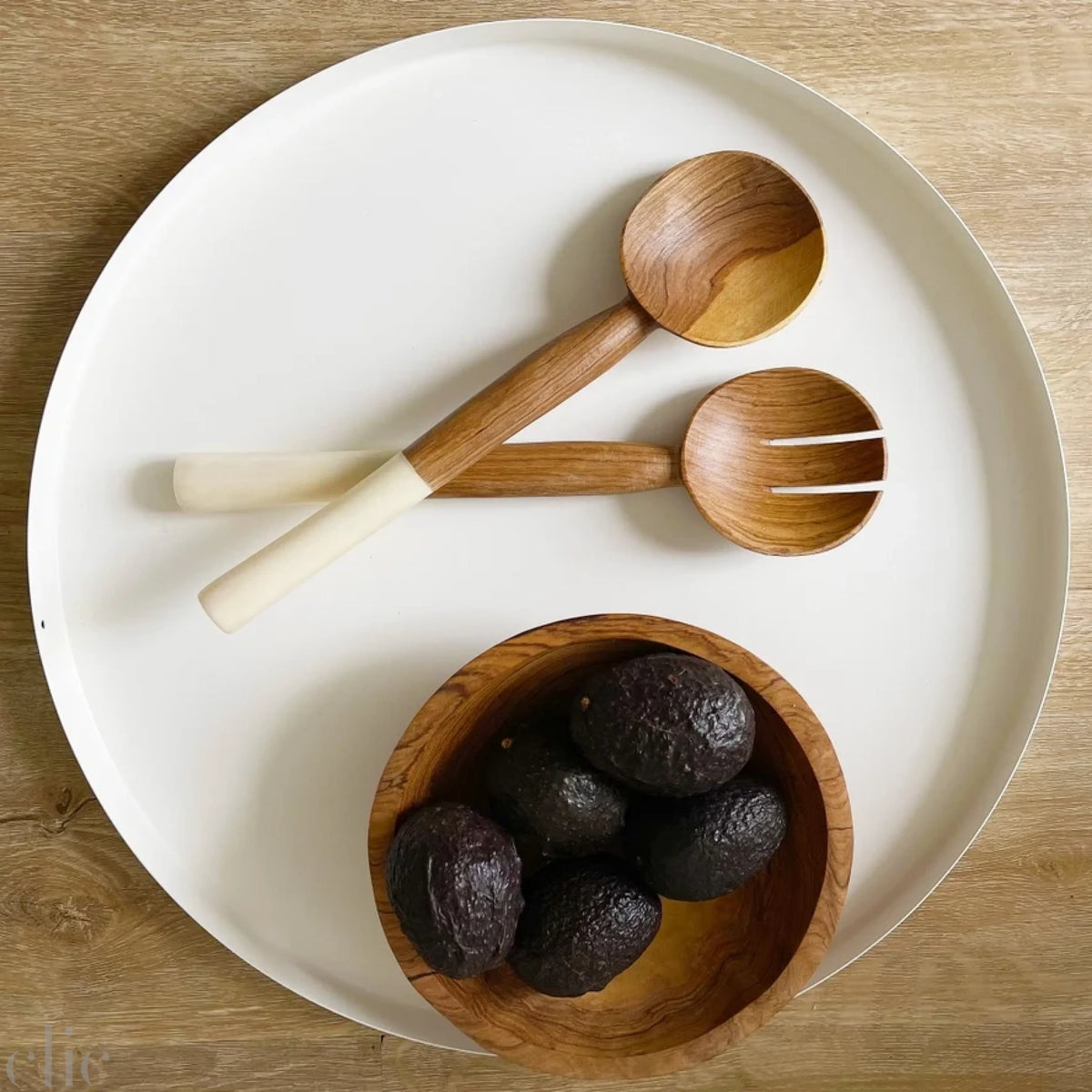 Olive Wood Serving Set with White Bone Handles
