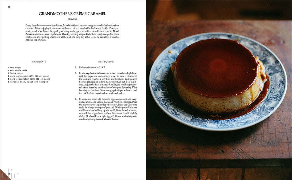 Creme caramel on a plate with a recipe card on the left side.