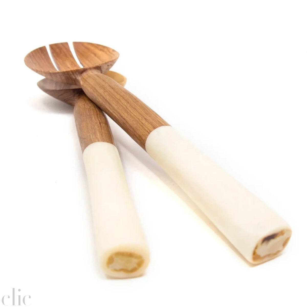 Olive Wood Serving Set with White Bone Handles