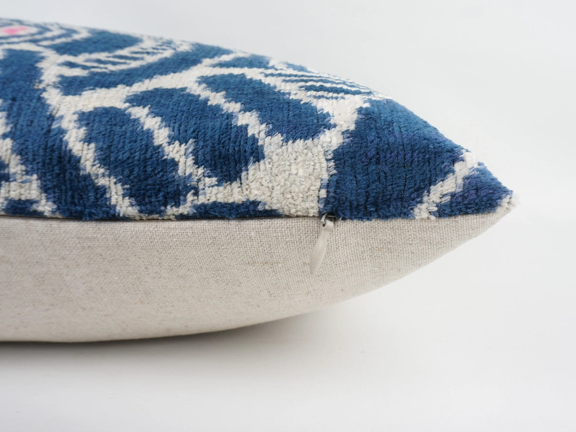 Ikat Silk and Velvet Pillow in Blue Pat, from MD Home