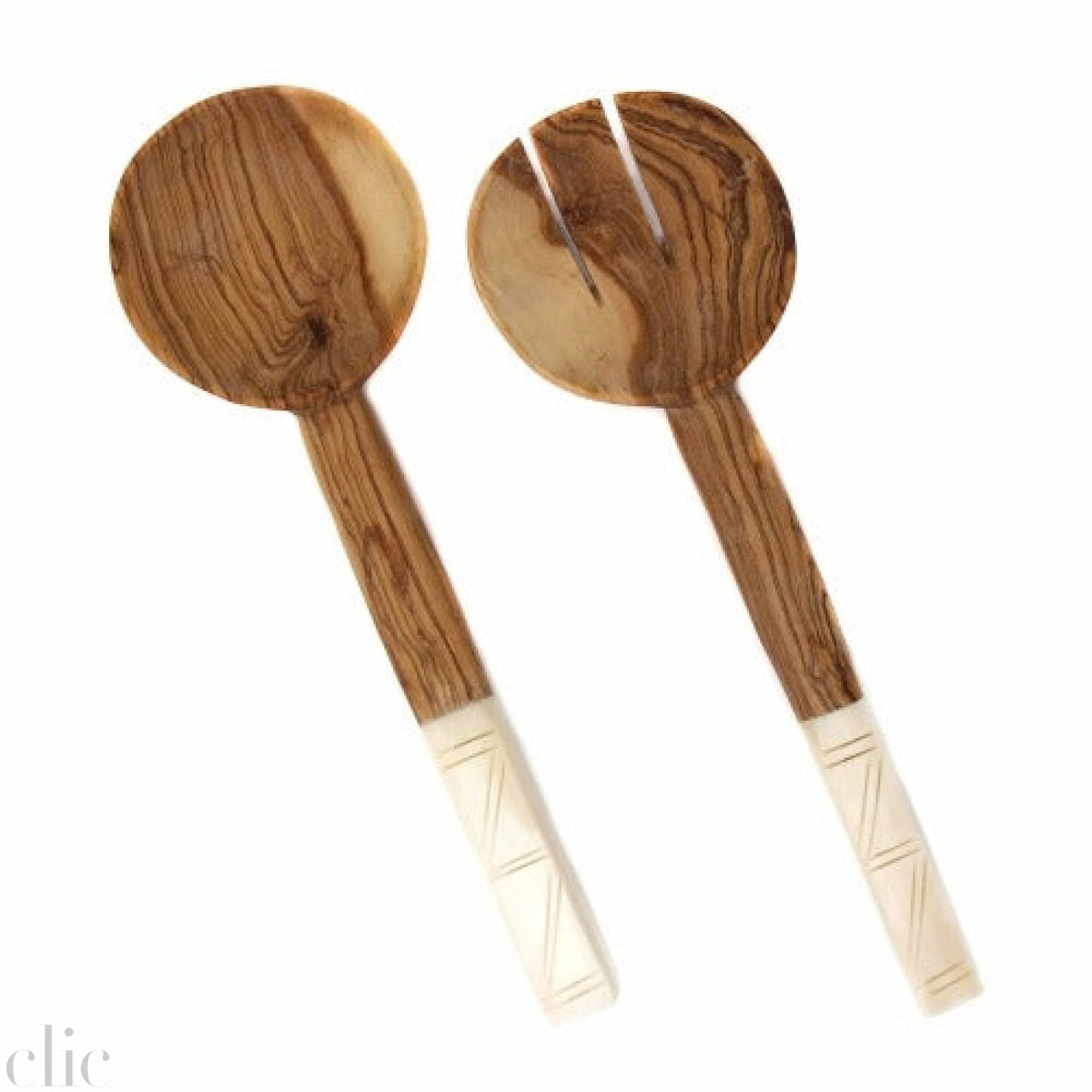 Olive Wood Serving Set with Square White Bone Handles