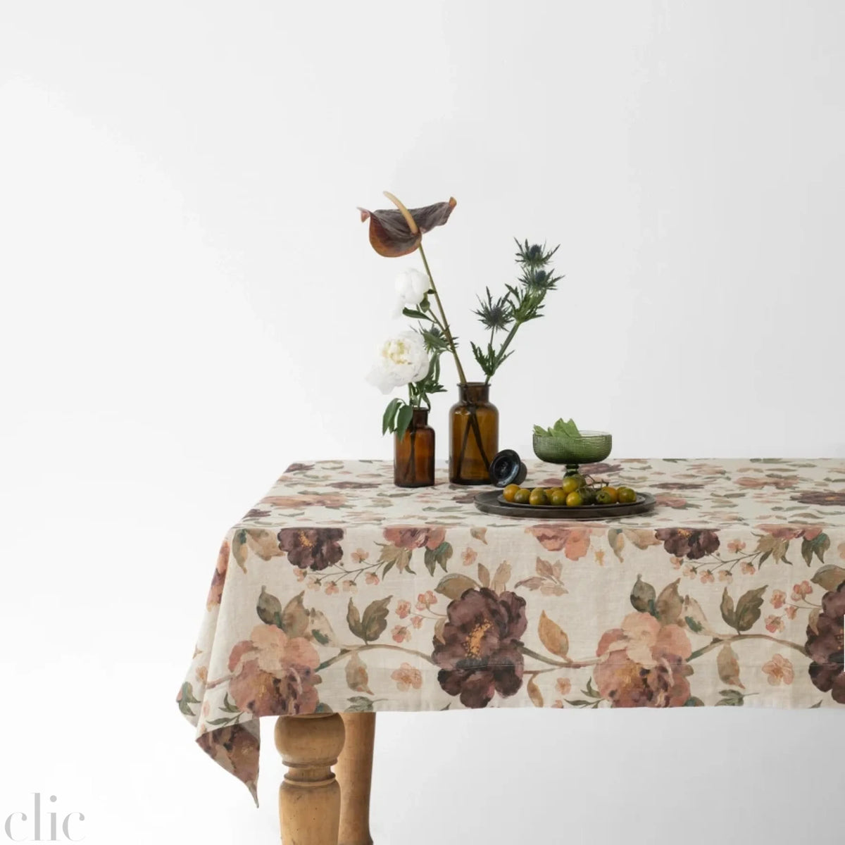Vintage Roses Linen Tablecloth in Dark Natural, from Linen Tales