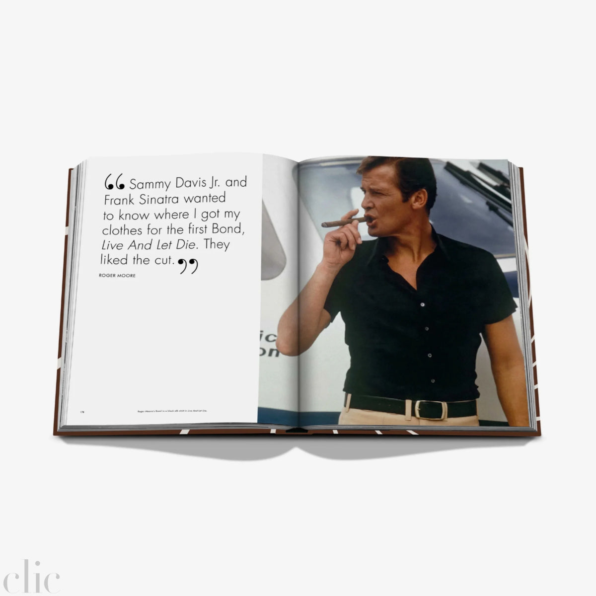 Open book showing a photo of a man smoking a cigar with text on a white background