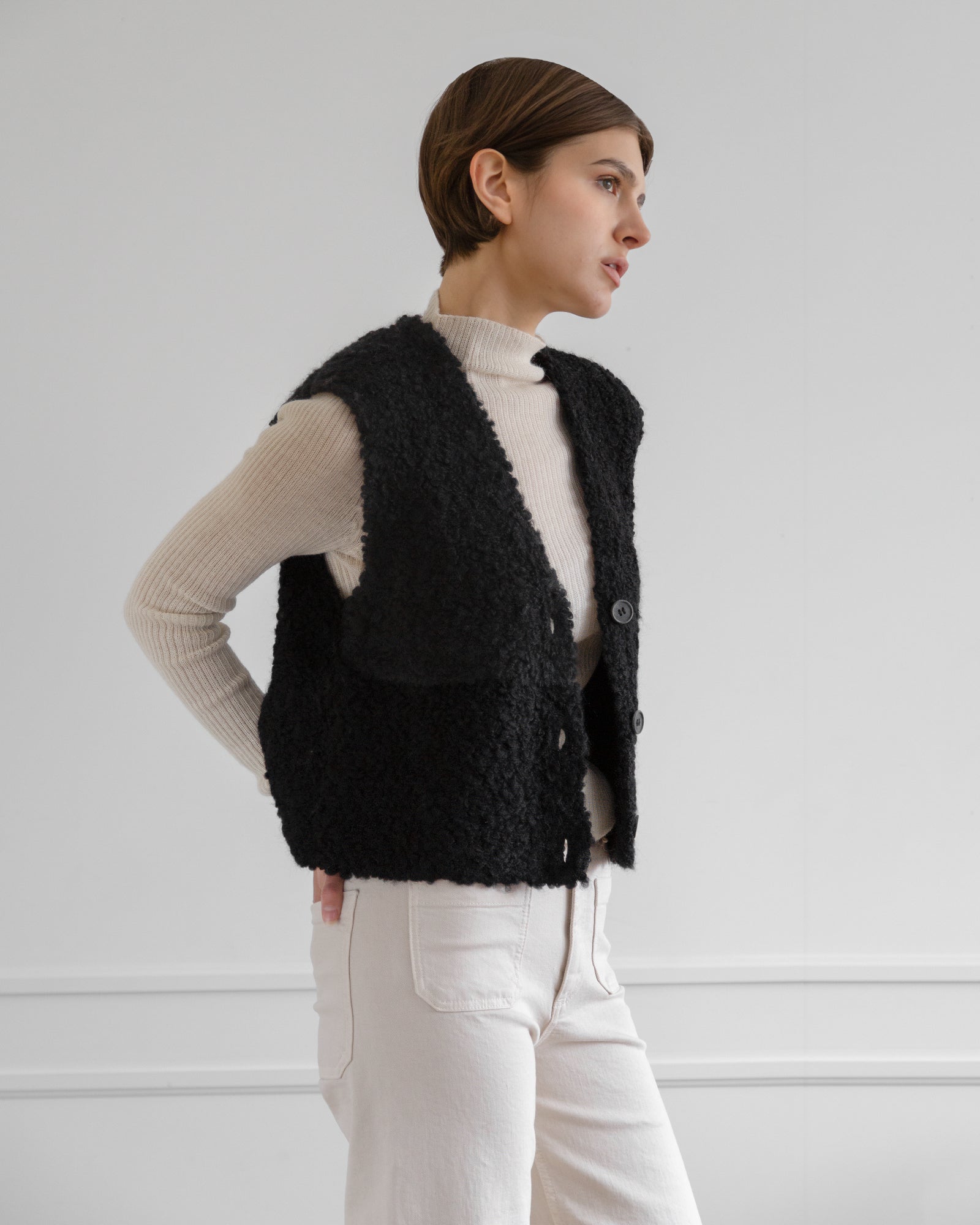 Aries Boucle Vest in Black, from La Tierra