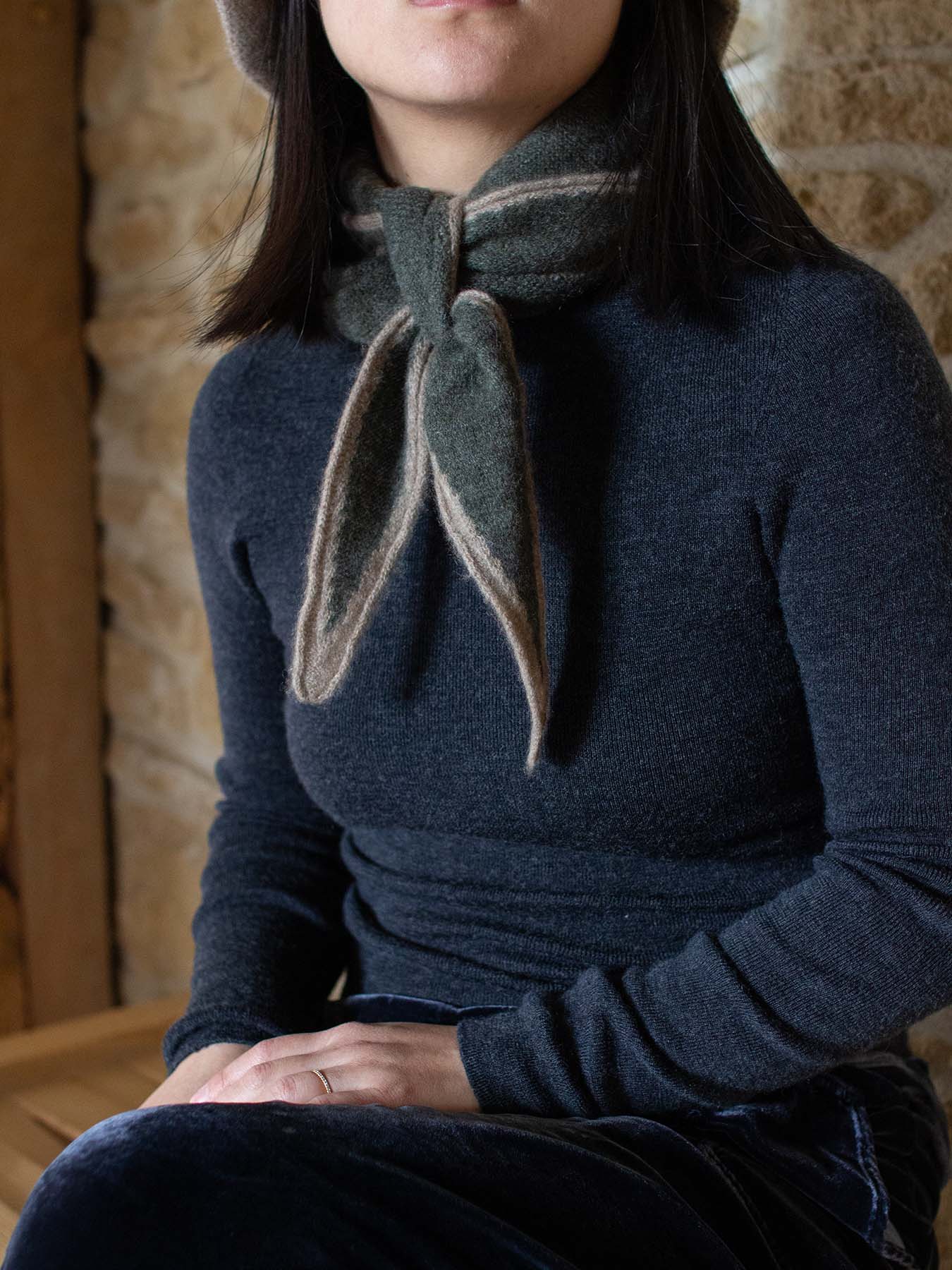 Austen Spindle-shaped Knitted Cashmere Scarf Forest Green, from Oats and Rice