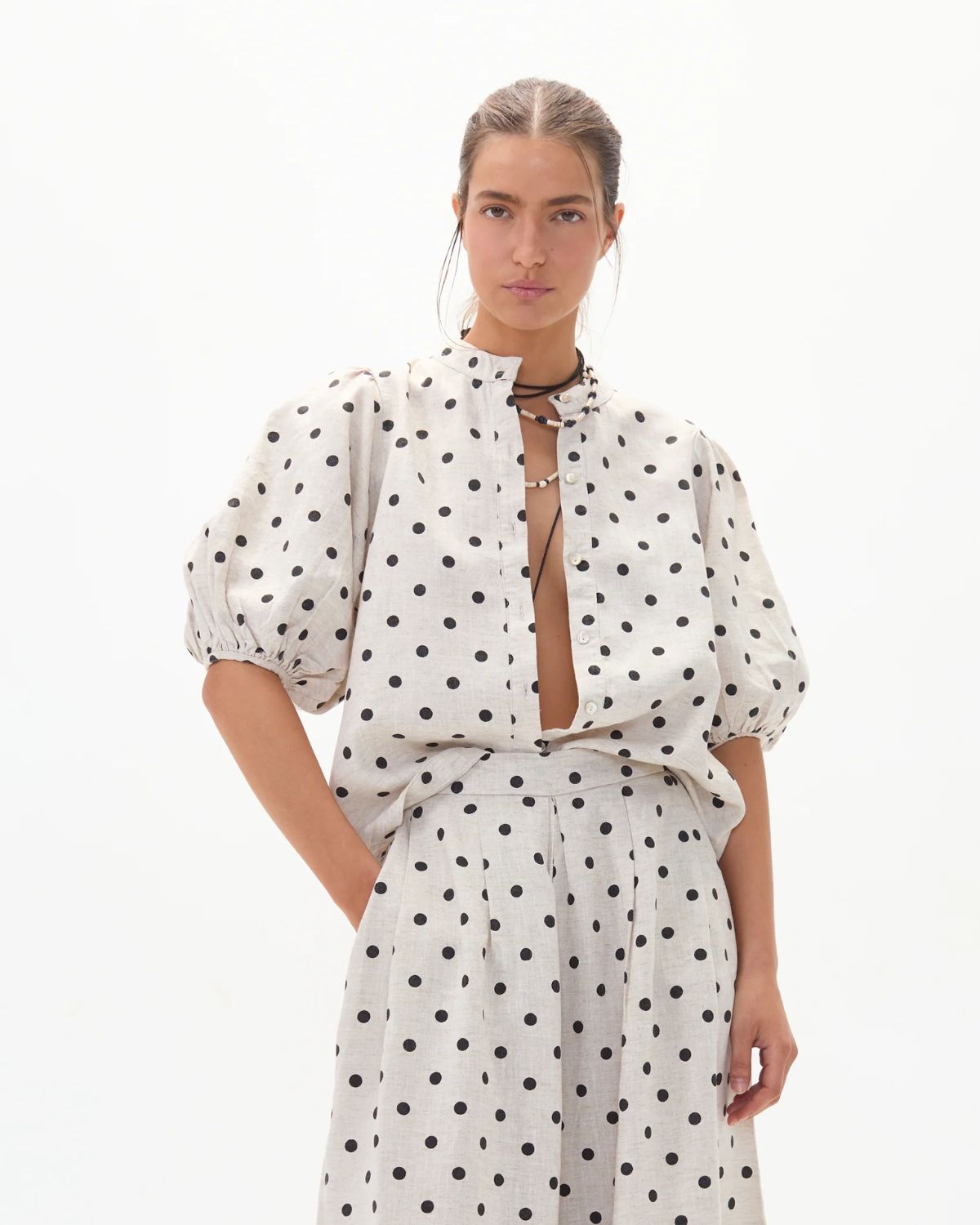 Bubble Linen Shirt in Natural & Black Polka Dots, from Lanhtropy