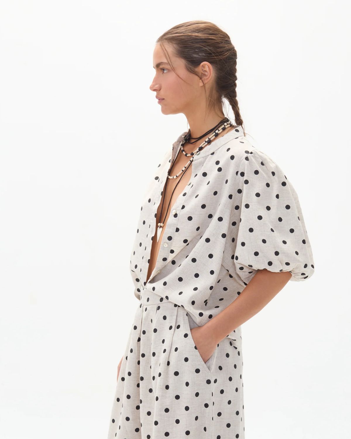 Bubble Linen Shirt in Natural & Black Polka Dots, from Lanhtropy