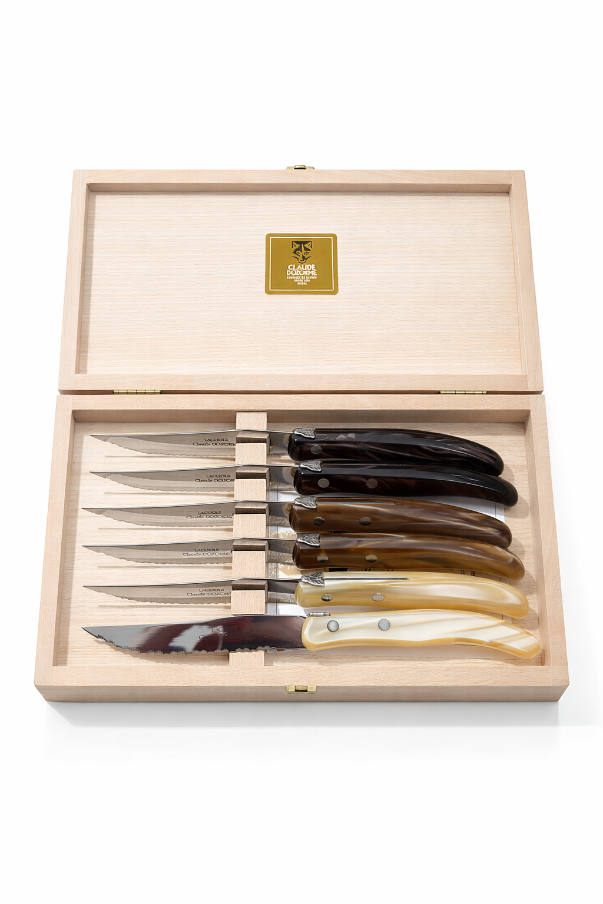 Berlingot Box of 6 Steak Knives in Natural and Brown, from Claude Dozorme