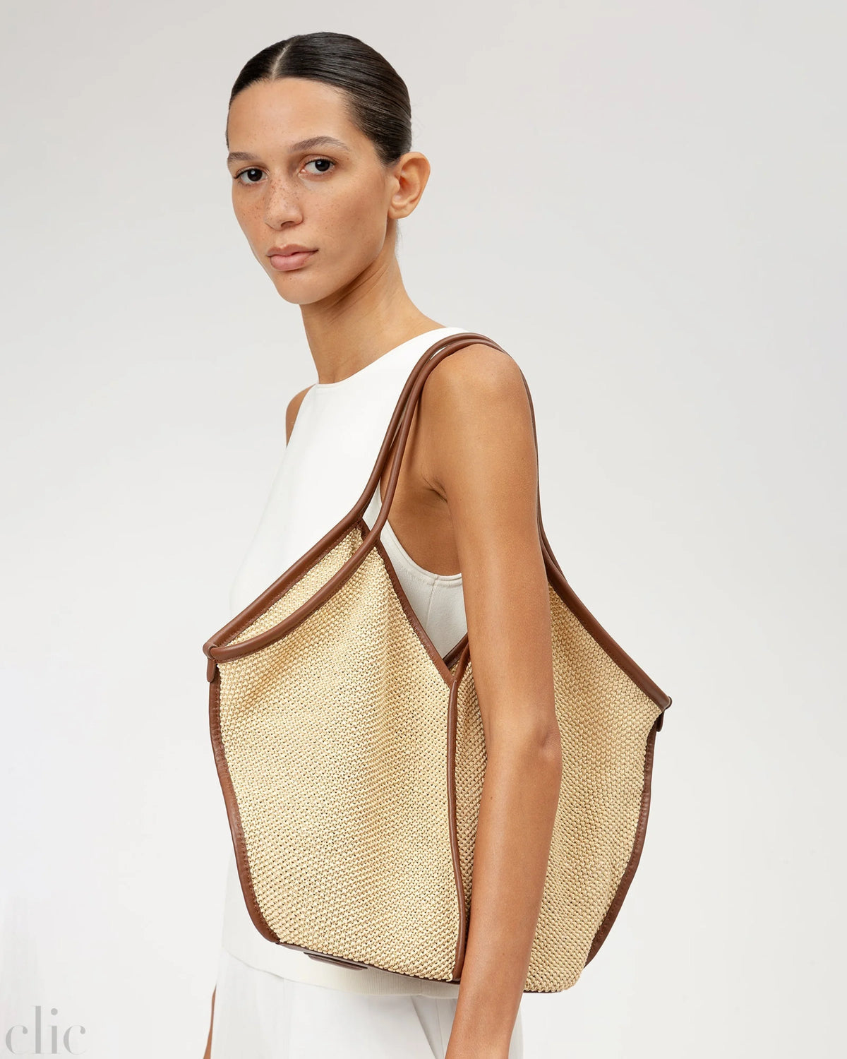 Calella Soft Raffia Tote in Natural & Chesnut Brown, from Hereu