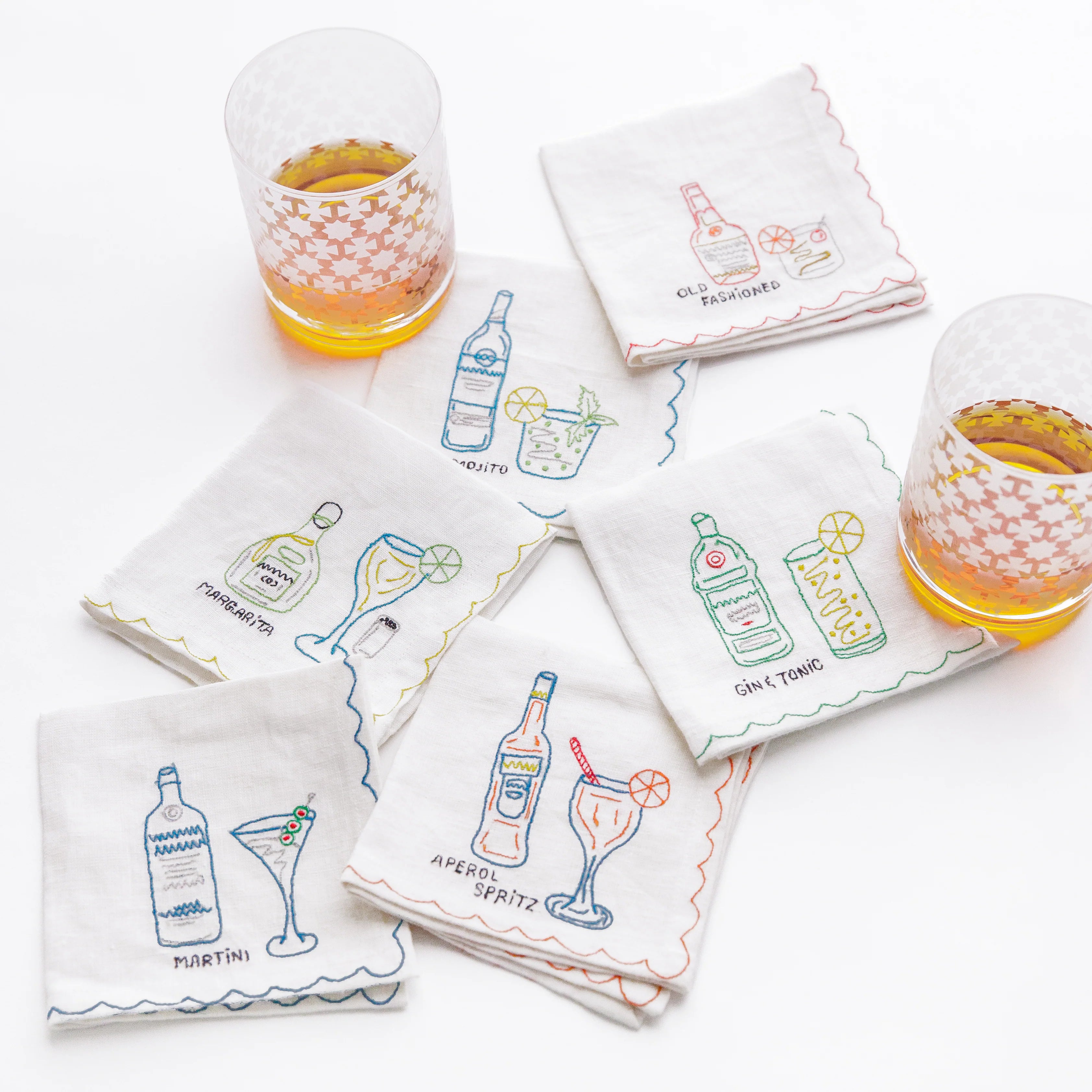 Set of 6 Mixed Drink Embroidered Linen Cocktail Napkins, from Pomegranate