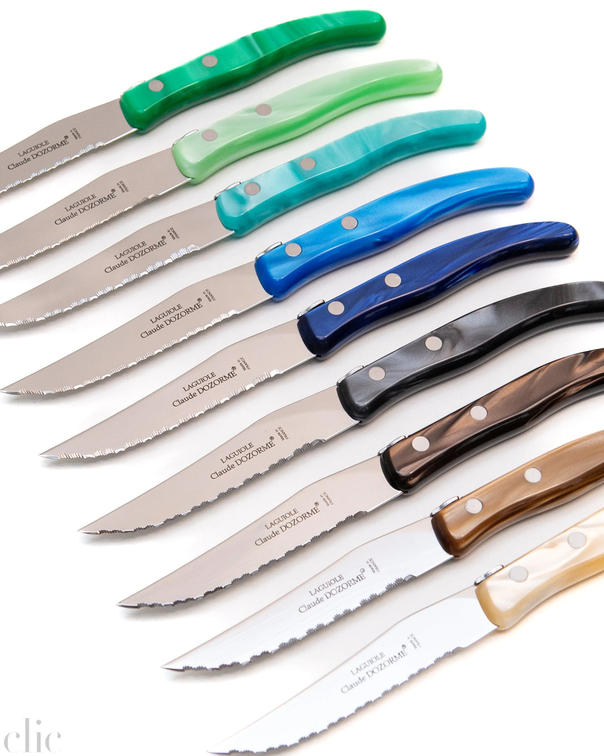 Berlingot Box of 6 Steak Knives in Blue and Green, from Claude Dozorme
