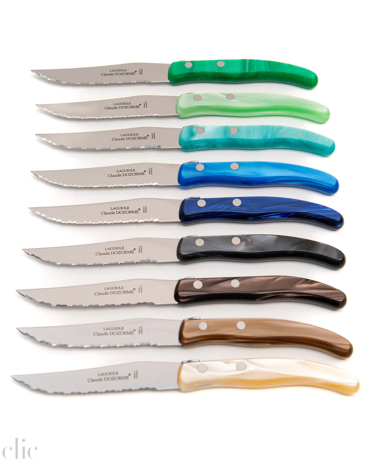 Berlingot Box of 6 Steak Knives in Blue and Green, from Claude Dozorme