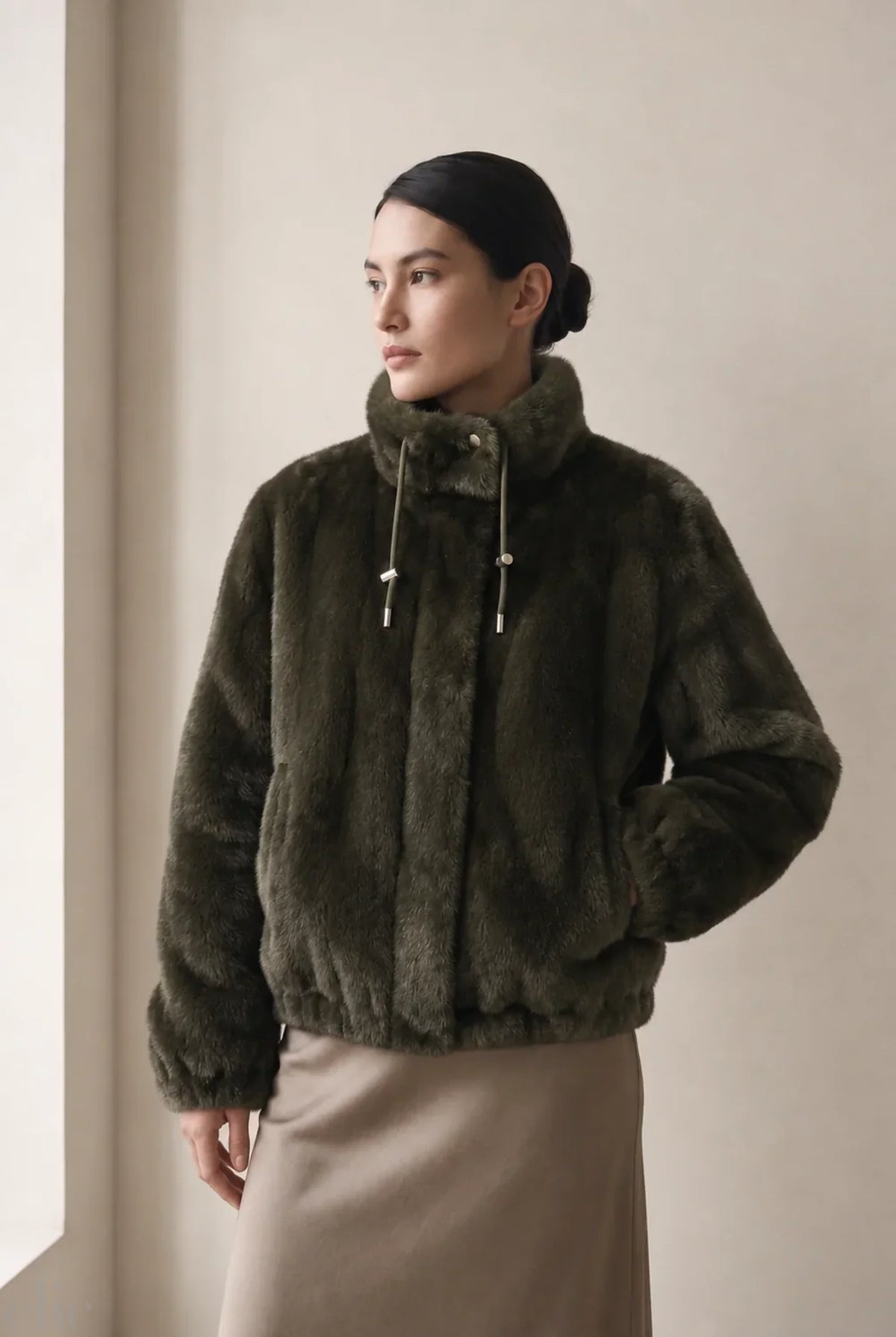 Reversible Faux Fur Jacket in Army Green, from Frisson