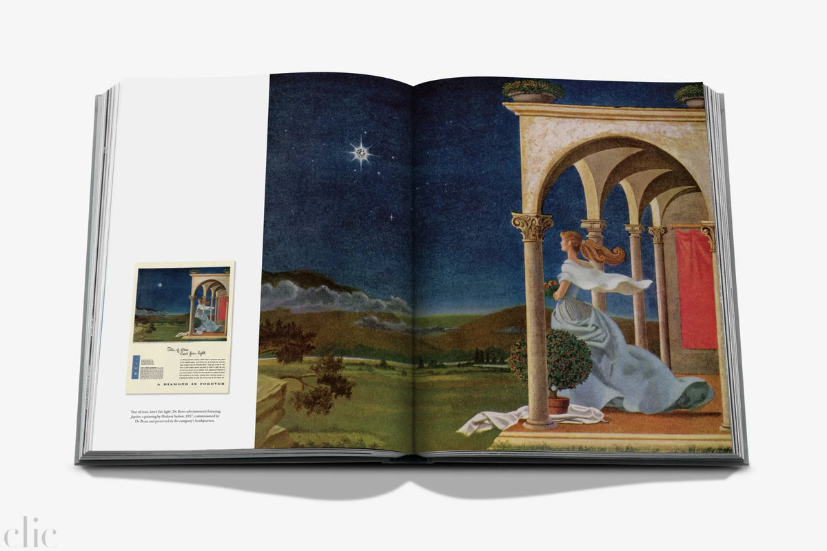 Open book displaying a classical painting of a woman by a column with a starry night sky.