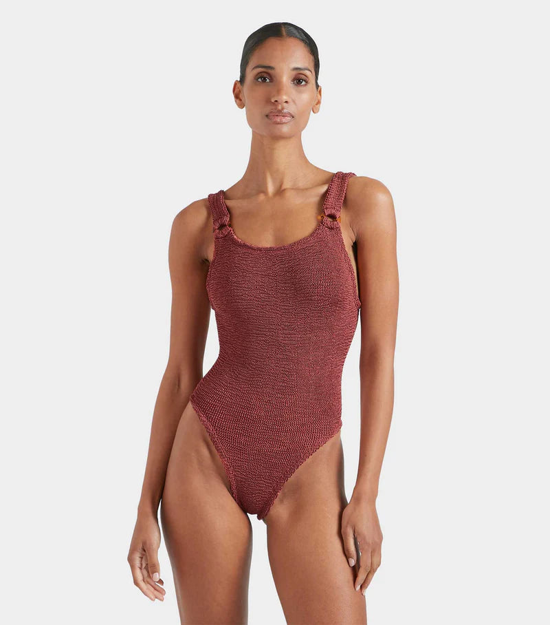 Domino Swimsuit in Metallic Rosewood, from Hunza G